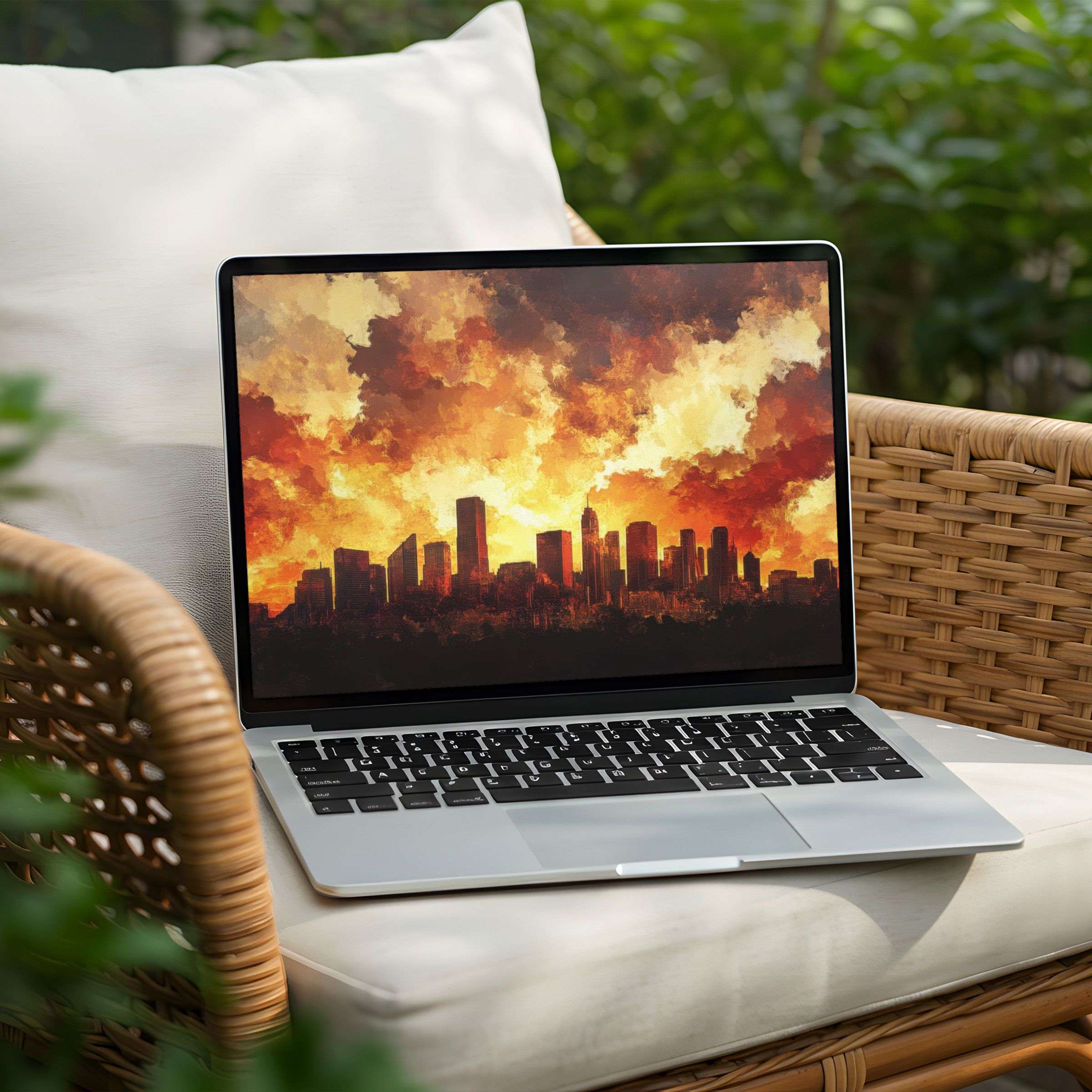 Elegant cityscape sunset desktop background for PC or Laptop, offering instant download for calm and inspiring aesthetics