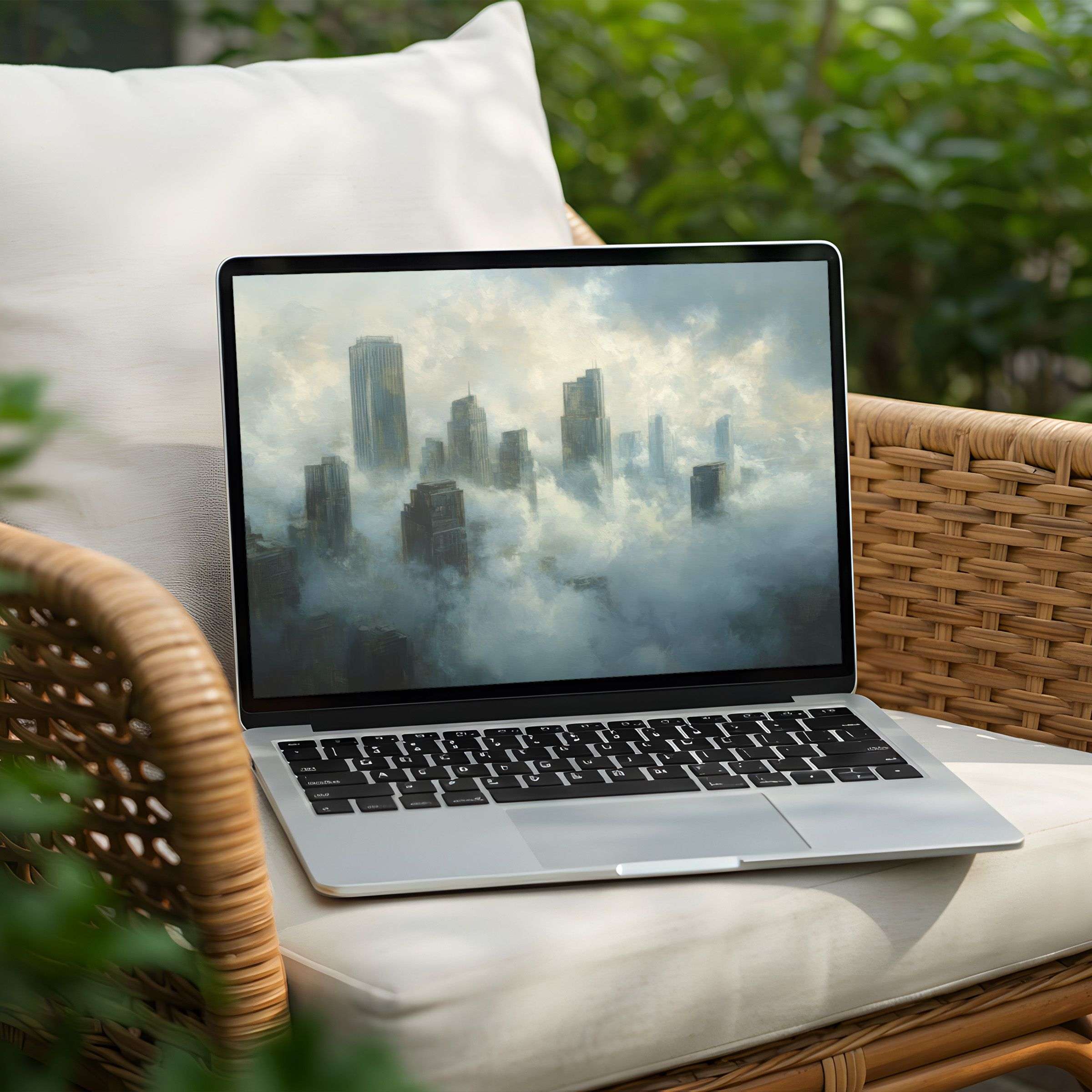 Cloud-kissed cityscape desktop background for PC or Laptop brings calm and inspiration; instant download for mindful elegance