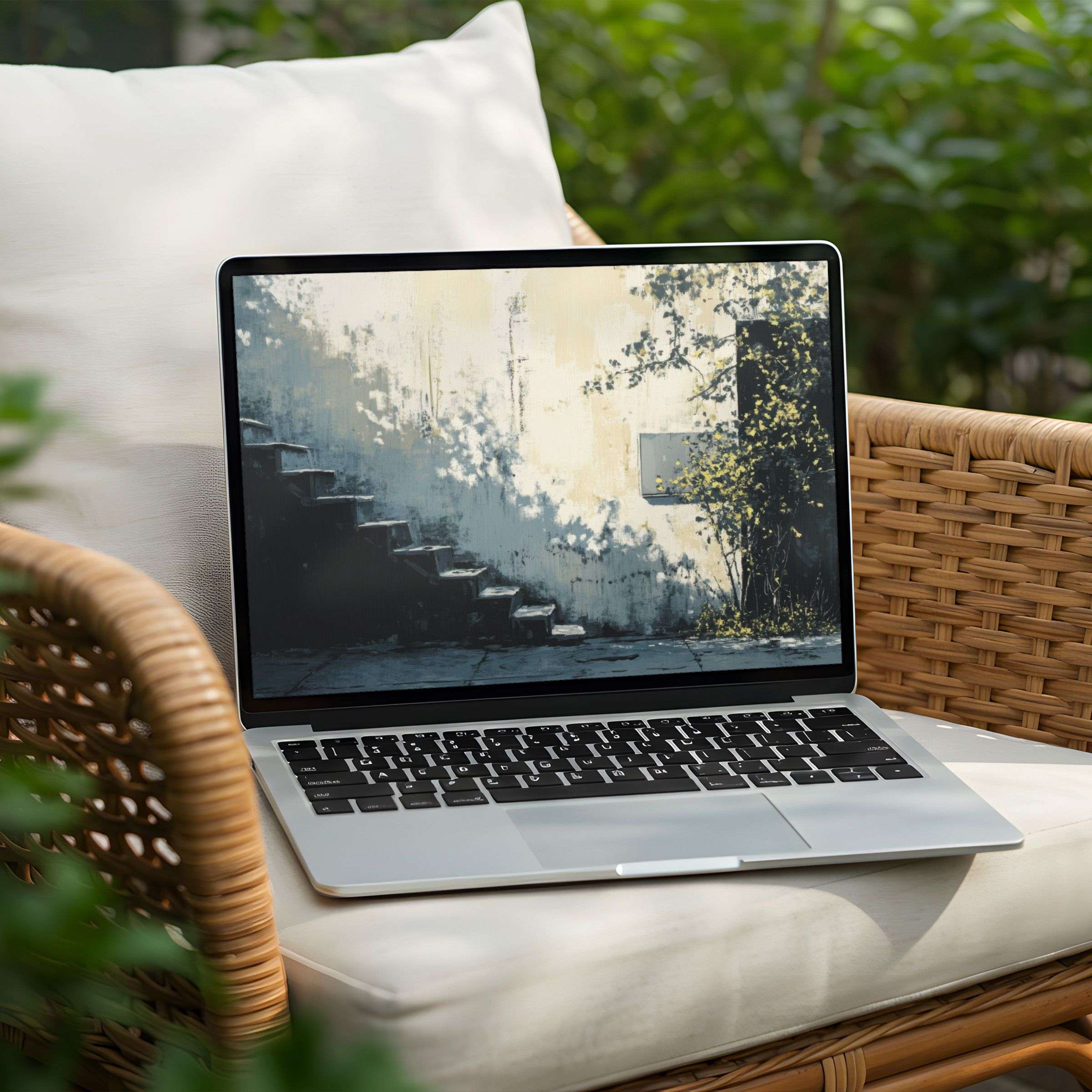 Calming desktop background for PC and Laptop featuring a serene staircase painting available for instant download to inspire mindfulness