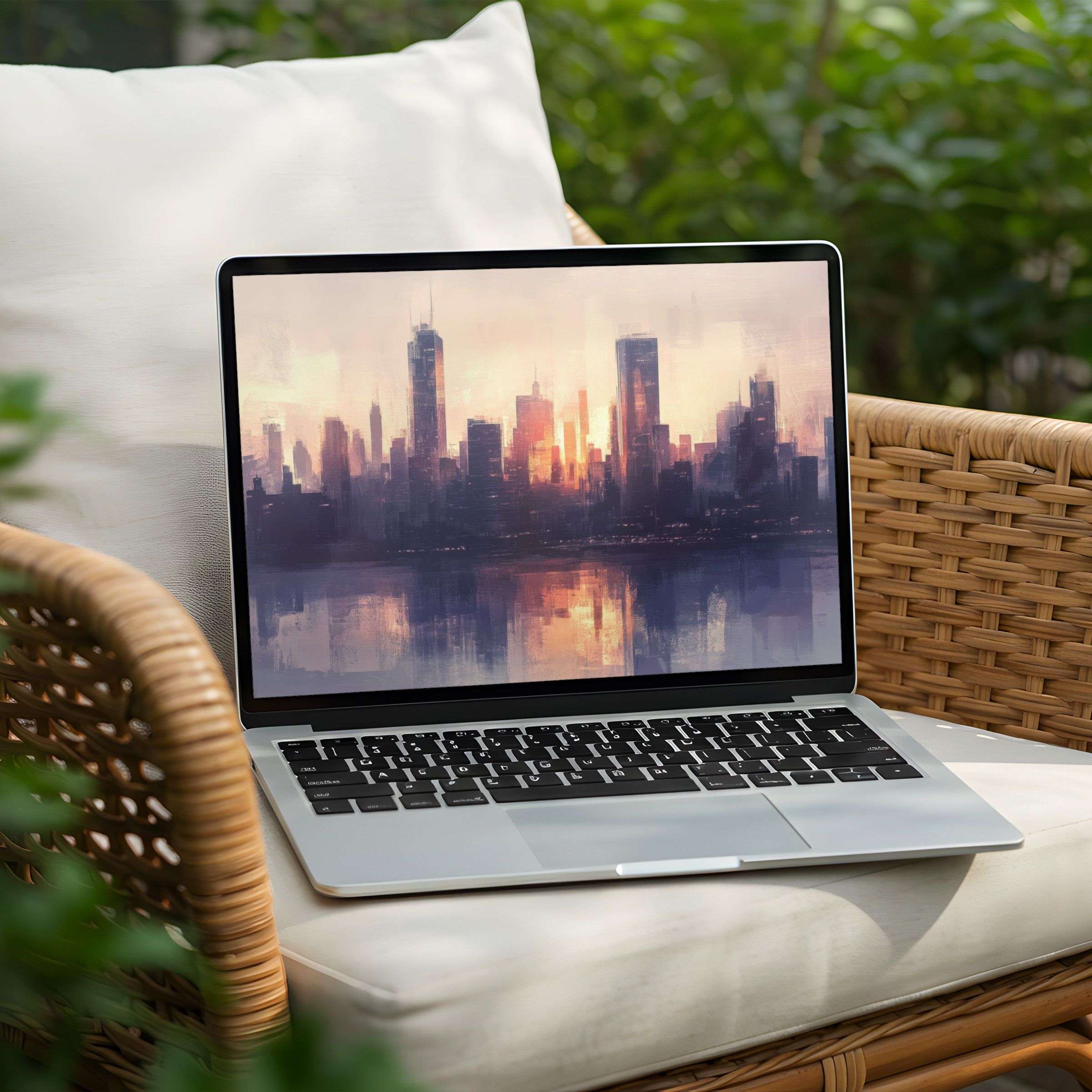 Elegant digital sunset cityscape desktop background for instant download on PC or Laptop inspiring calm and mindfulness