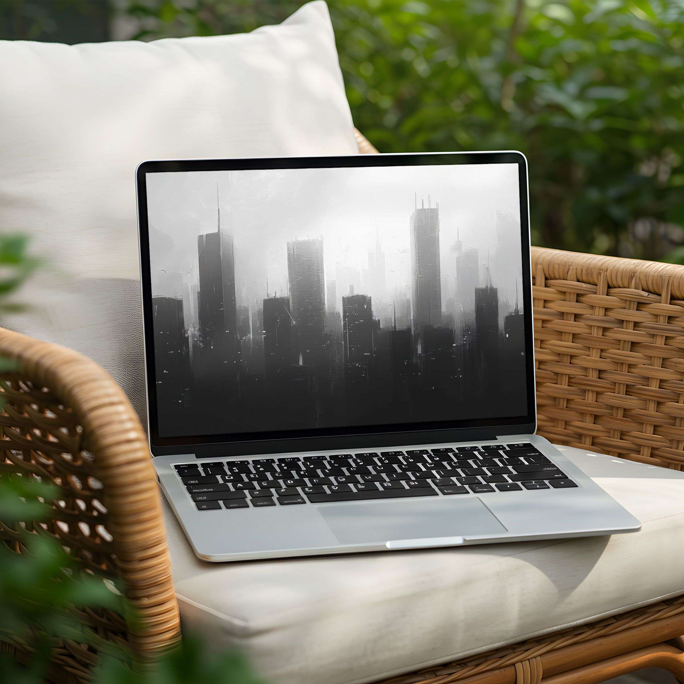 Elegant monochrome cityscape desktop background for PC and laptop instant download fosters mindfulness and inspires calm aesthetics