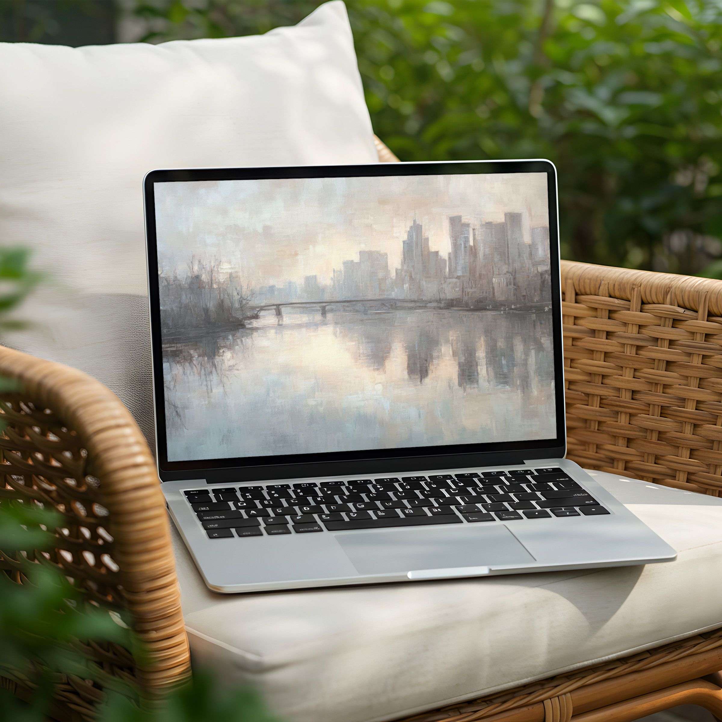 Elegant desktop background cityscape painting for instant download, perfect for a calming PC or Laptop aesthetic aficionado