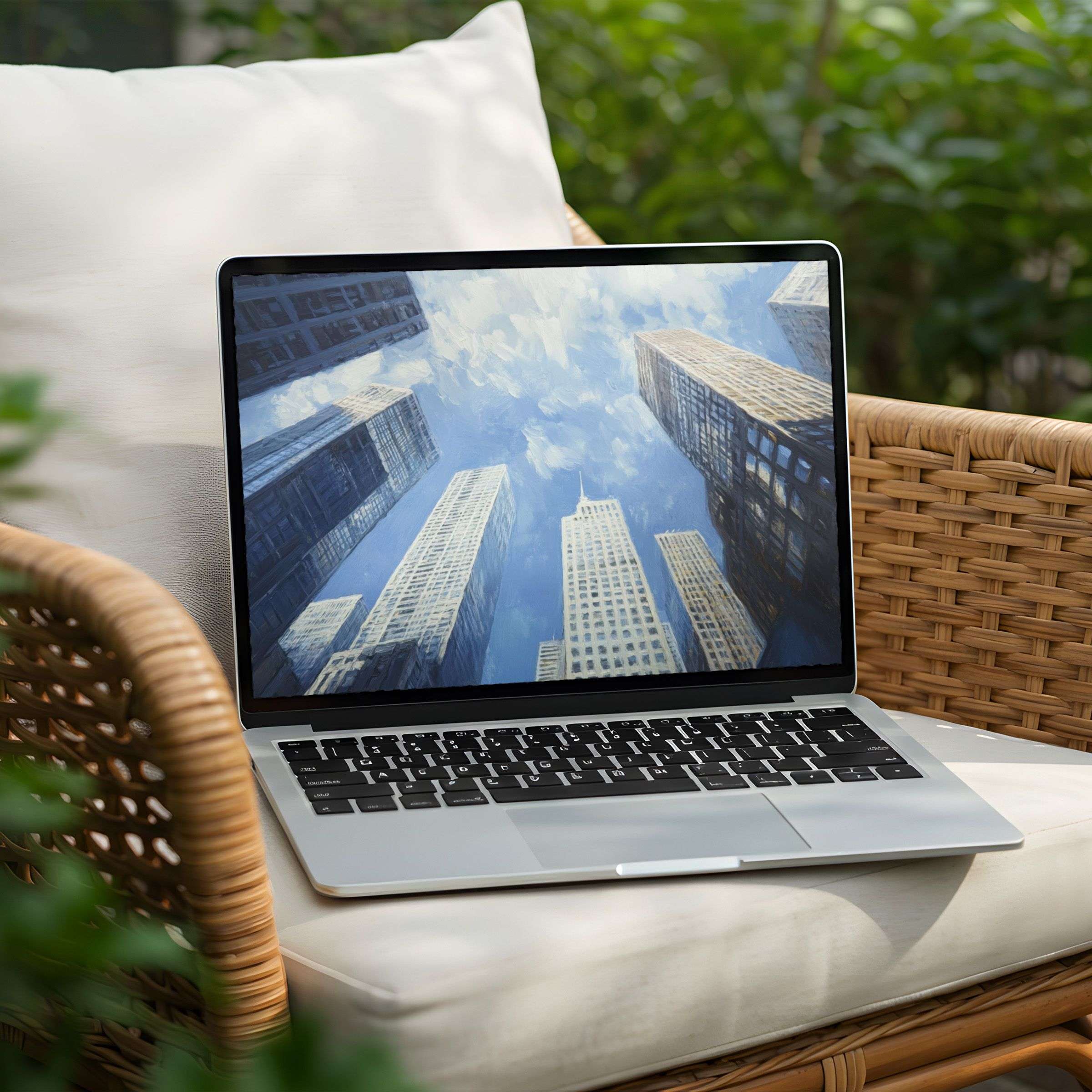 Elegant skyscraper painting desktop background for PC or Laptop offers instant download inspiring serenity and mindfulness