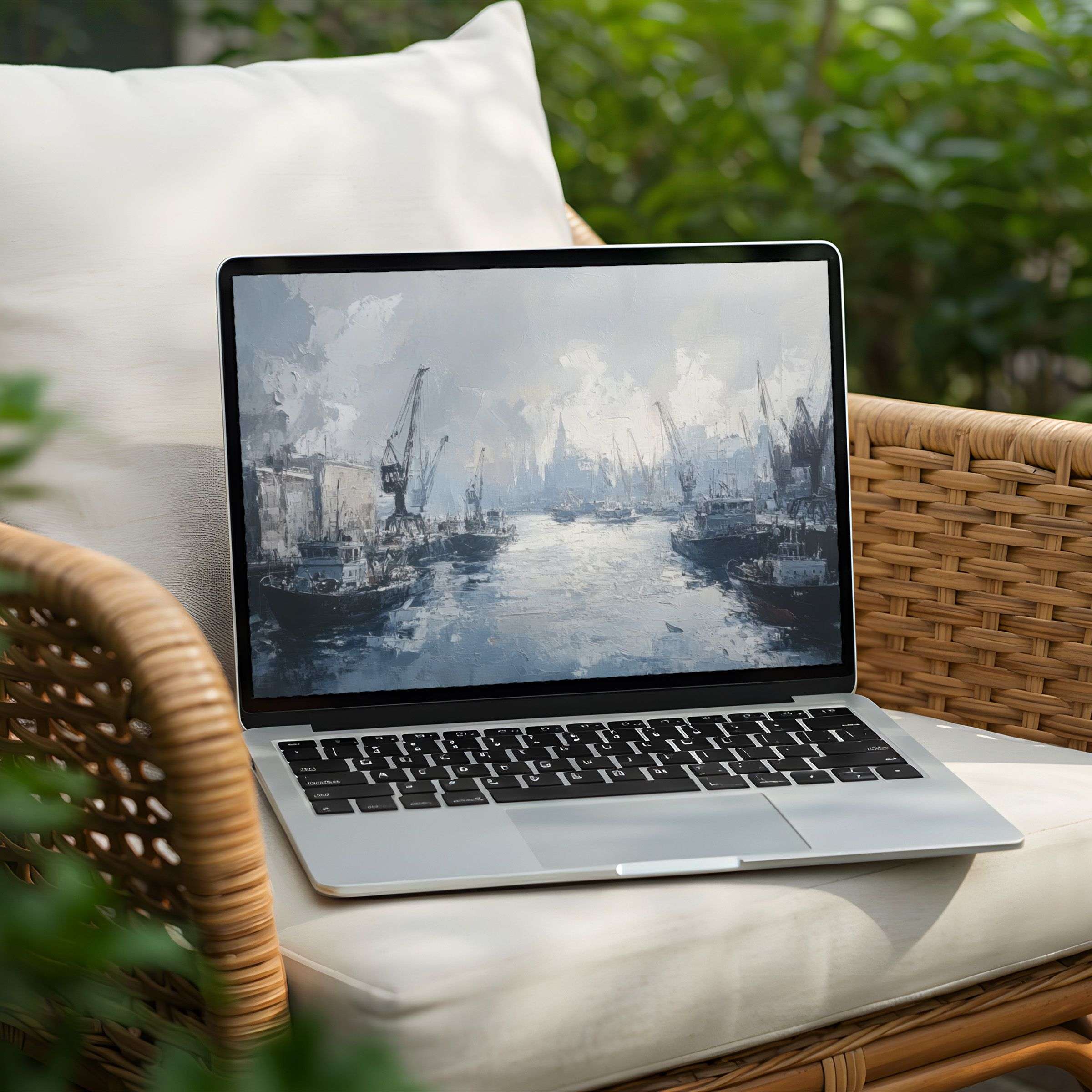 Elegant harbor scene desktop background on a laptop offers instant download for PC users seeking calm and mindful inspiration