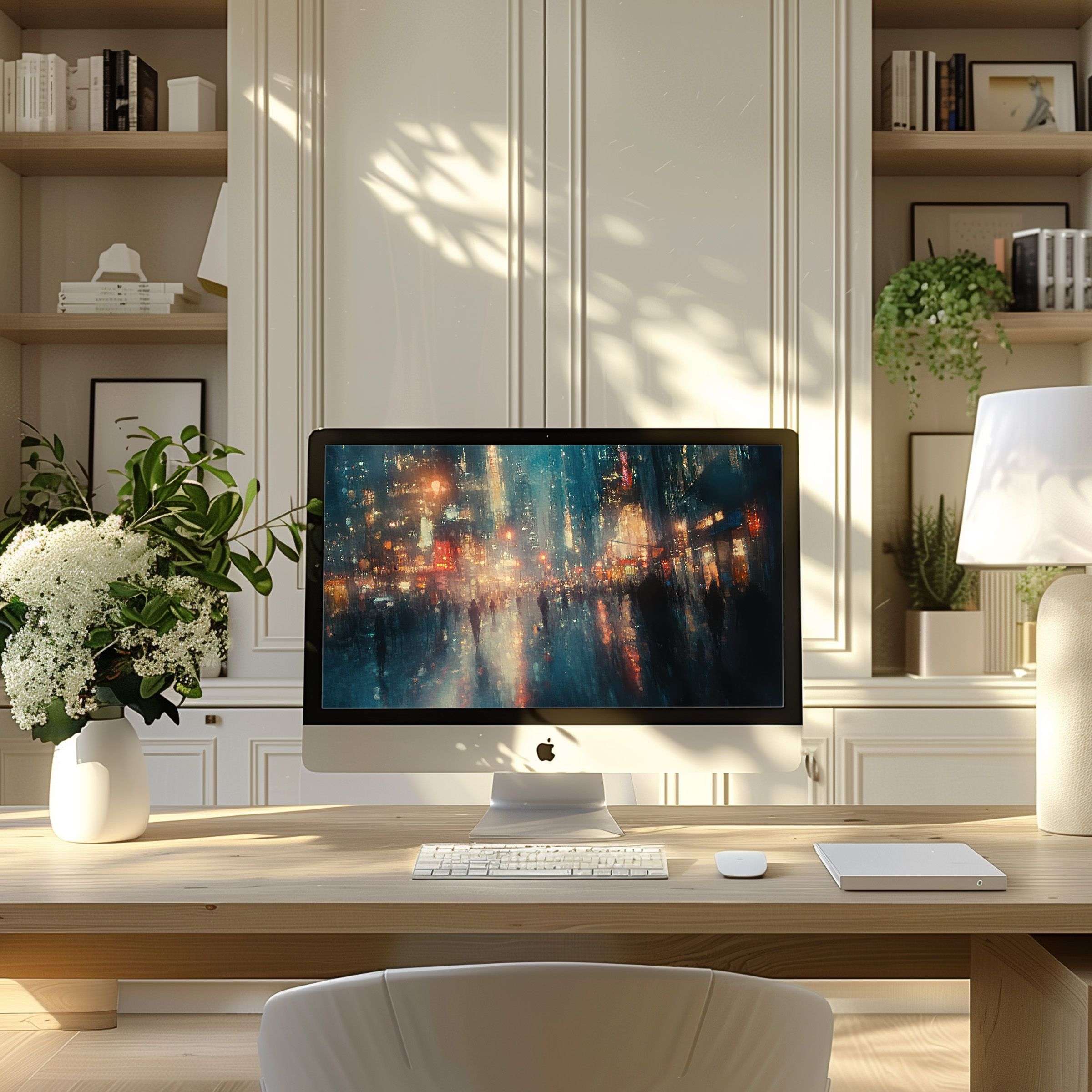 Elegant abstract cityscape wallpaper for computer in cozy home office setting, perfect for PC, laptop, ultrawide inspiration