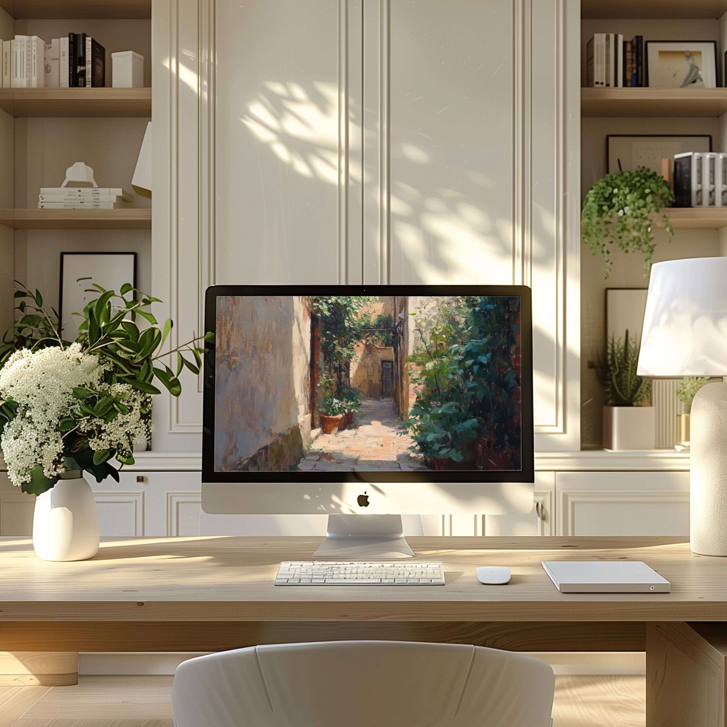 Inspire elegance with a serene garden motif wallpaper for computer, perfect for modern home office on PC or laptop digital download