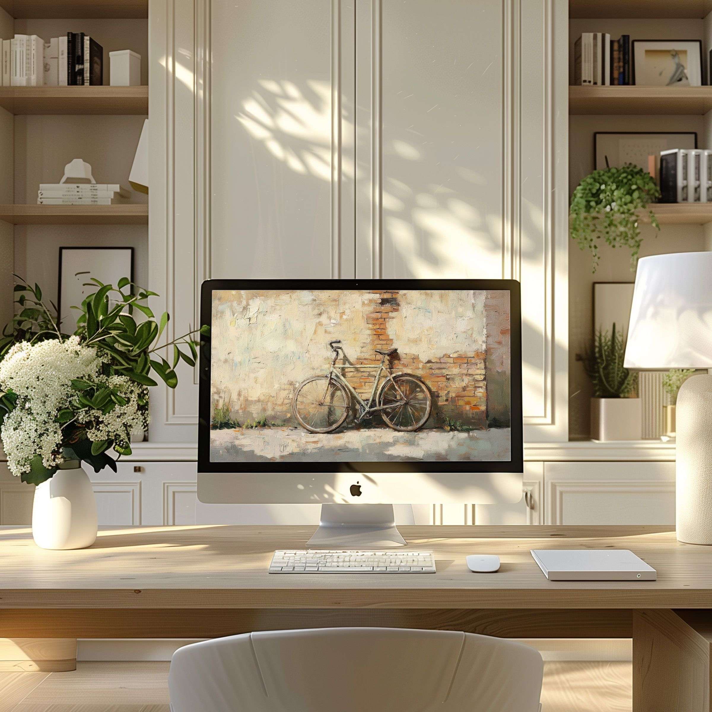 Elegant rustic bicycle art wallpaper for computer evokes calm inspiration in a modern home office; perfect for PC or laptop use