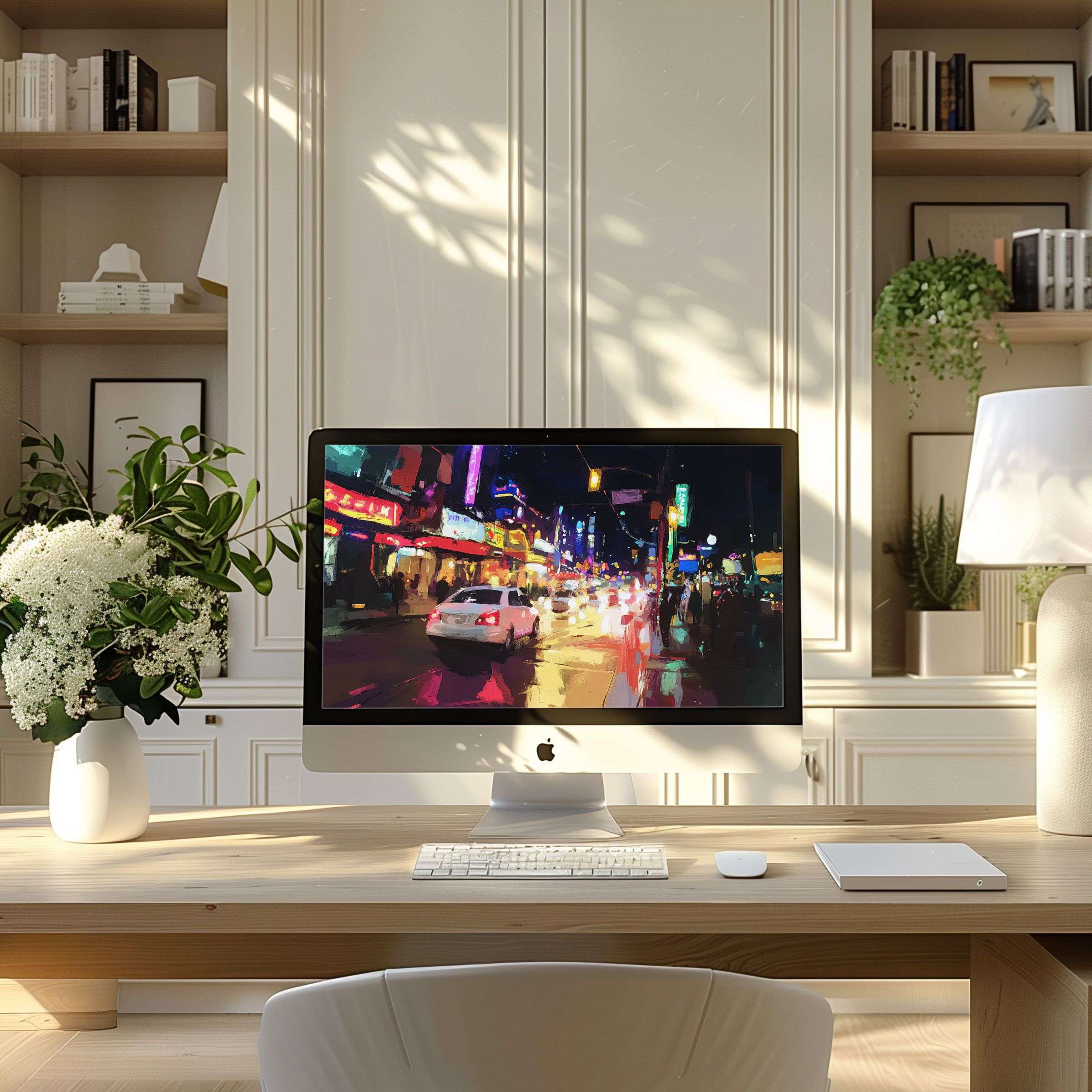 Vibrant digital art cityscape as elegant wallpaper for computer, perfect for inspiring any PC or laptop in a modern home office