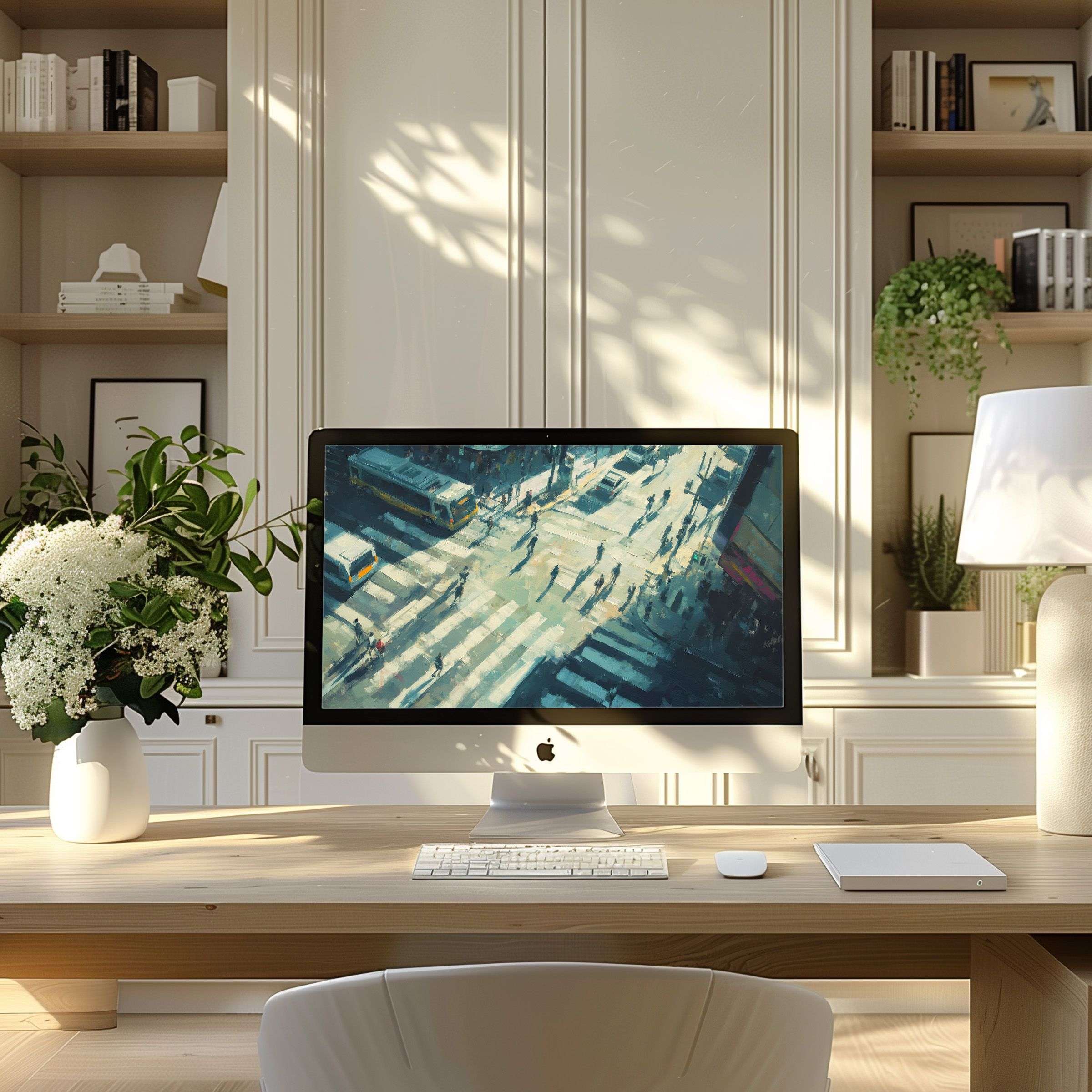 Elegant digital art wallpaper for computer enhances PC and laptop screens, bringing calm and inspiration to a modern home office