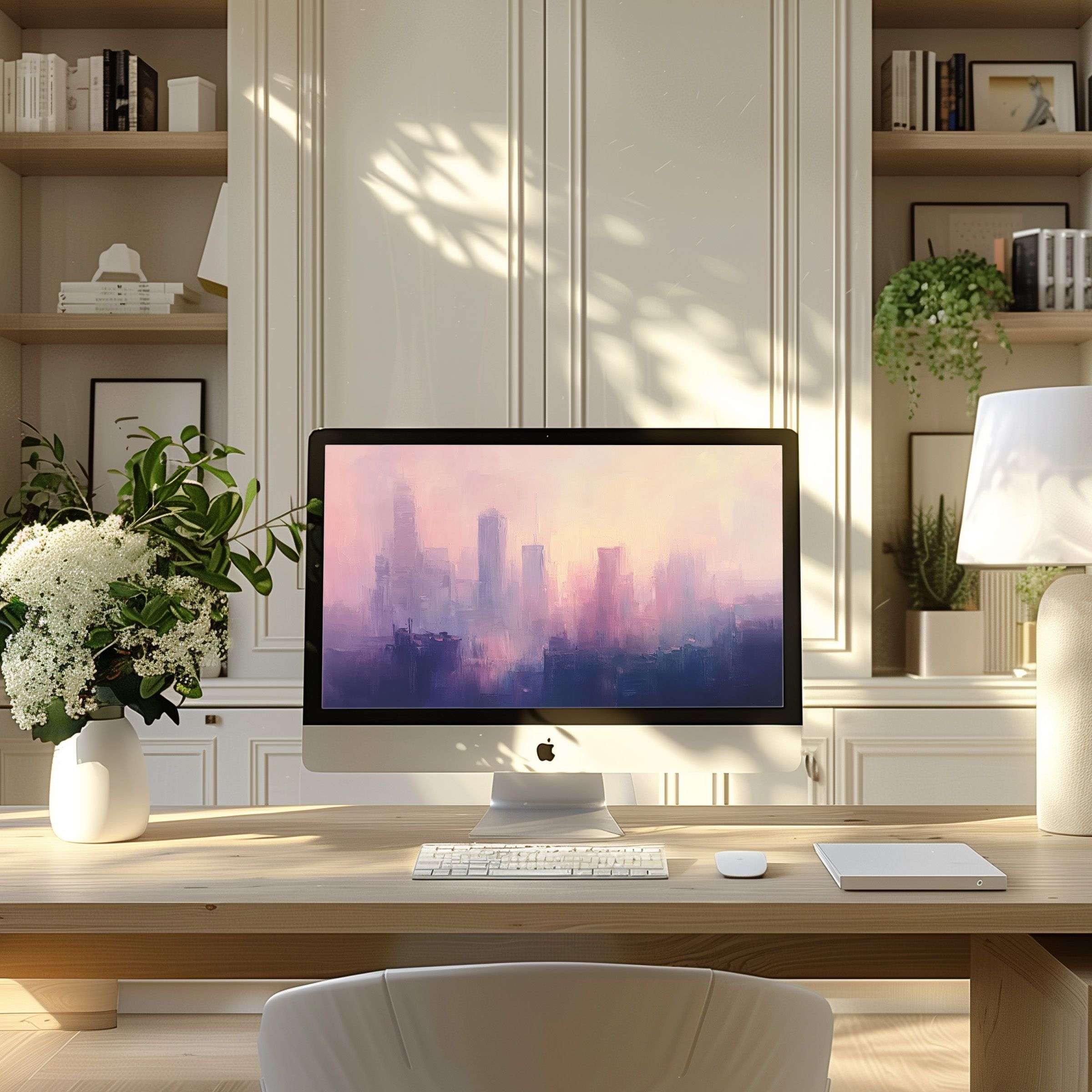 Elegant cityscape wallpaper for computer providing calm inspiration in a modern home office setup ideal for PC and Laptop use