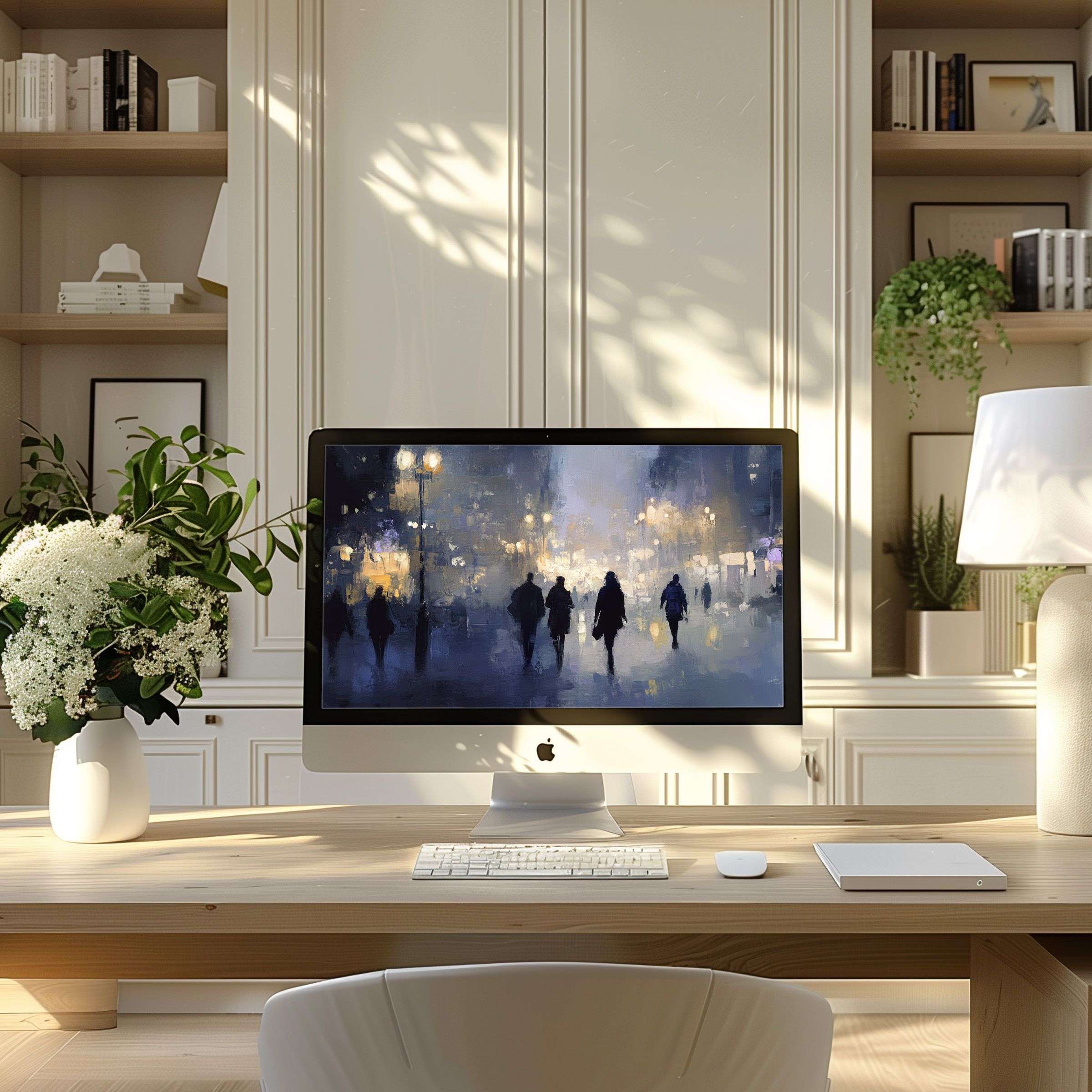 Elegant abstract digital art as wallpaper for computer, PC, or laptop in a serene modern home office setting inspires calm