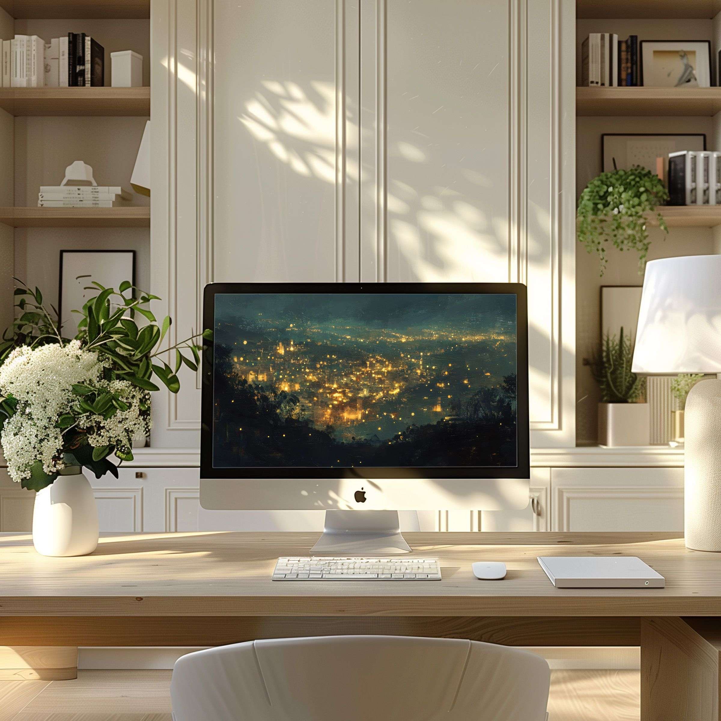 Serene cityscape digital art offers an elegant wallpaper for computer, fitting PC and laptop screens in a modern home office setting