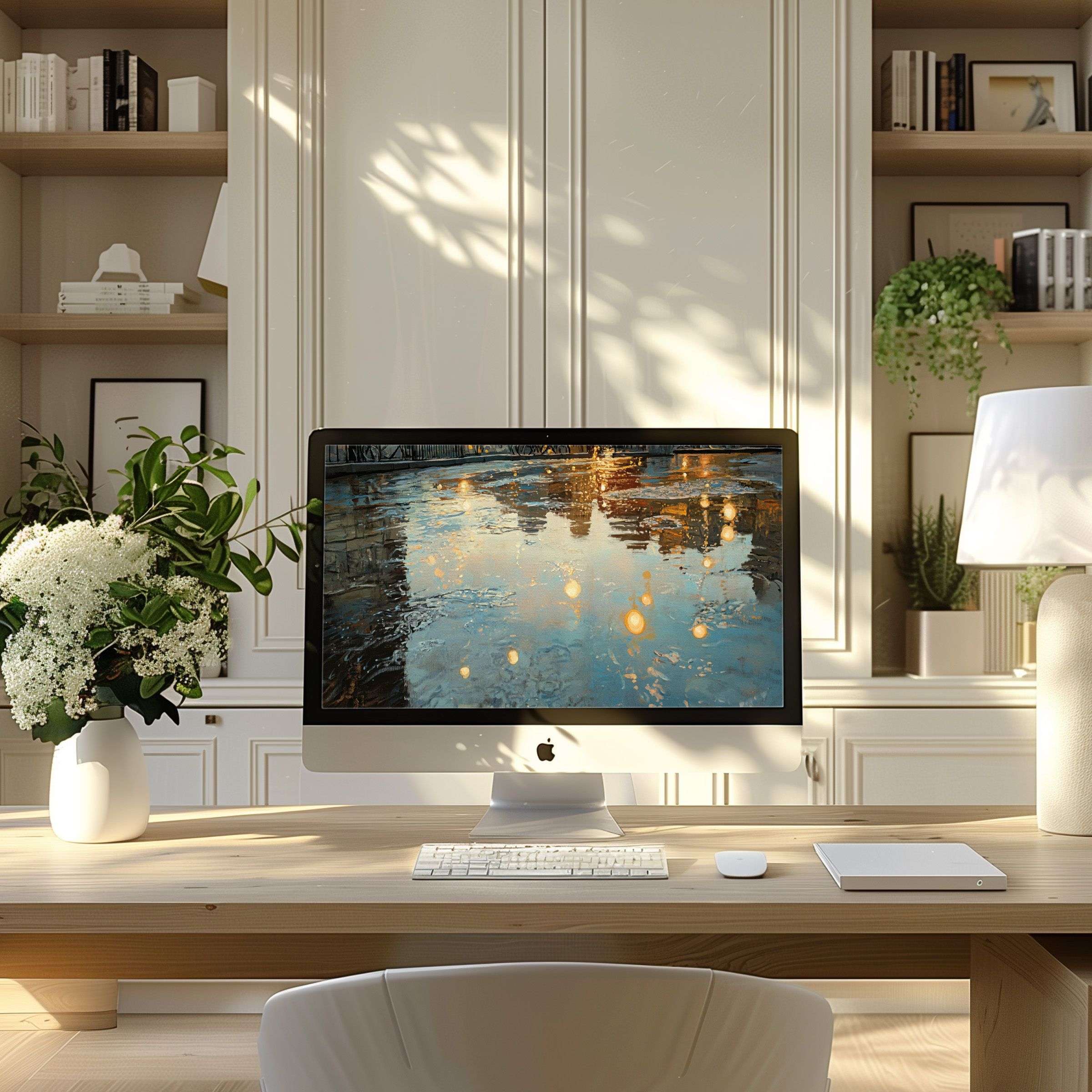 Elegant computer wallpaper for PC or laptop featuring serene reflections and warm lights, enhancing a modern home office with style