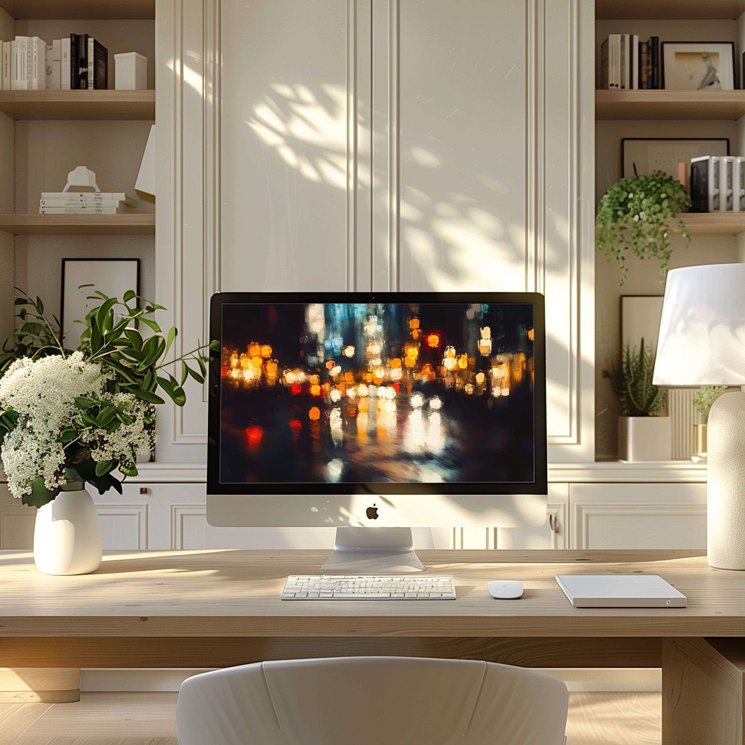 Elegant abstract bokeh cityscape wallpaper for computer adds calm and inspiration to modern PC or laptop home office decor