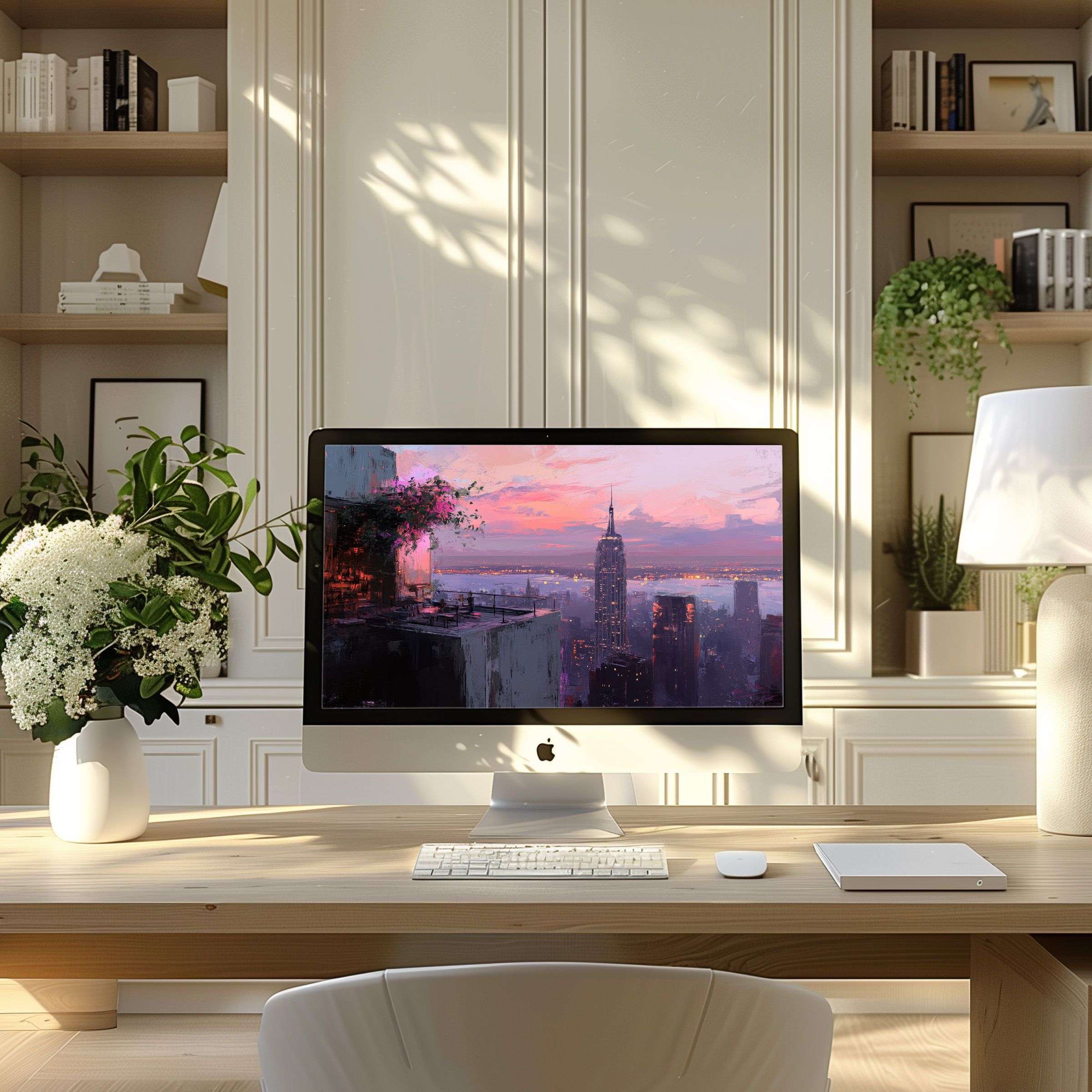 Elegant wallpaper for computer with sunset cityscape evokes calm, ideal for PC or laptop in a modern, inspiring home office