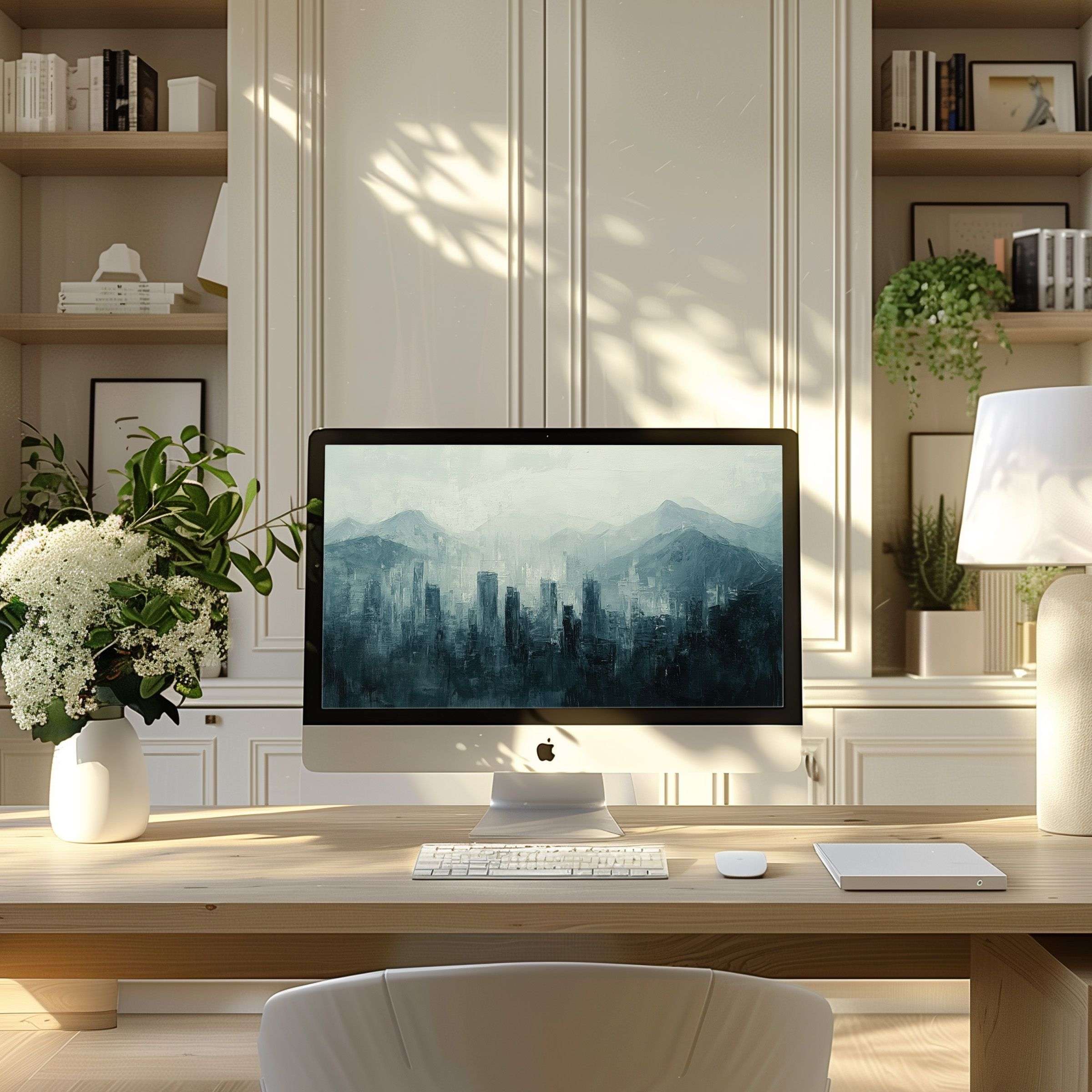 Elegantly enhance your modern home office with a serene mountain motif wallpaper for computer, perfect for PC and laptop use