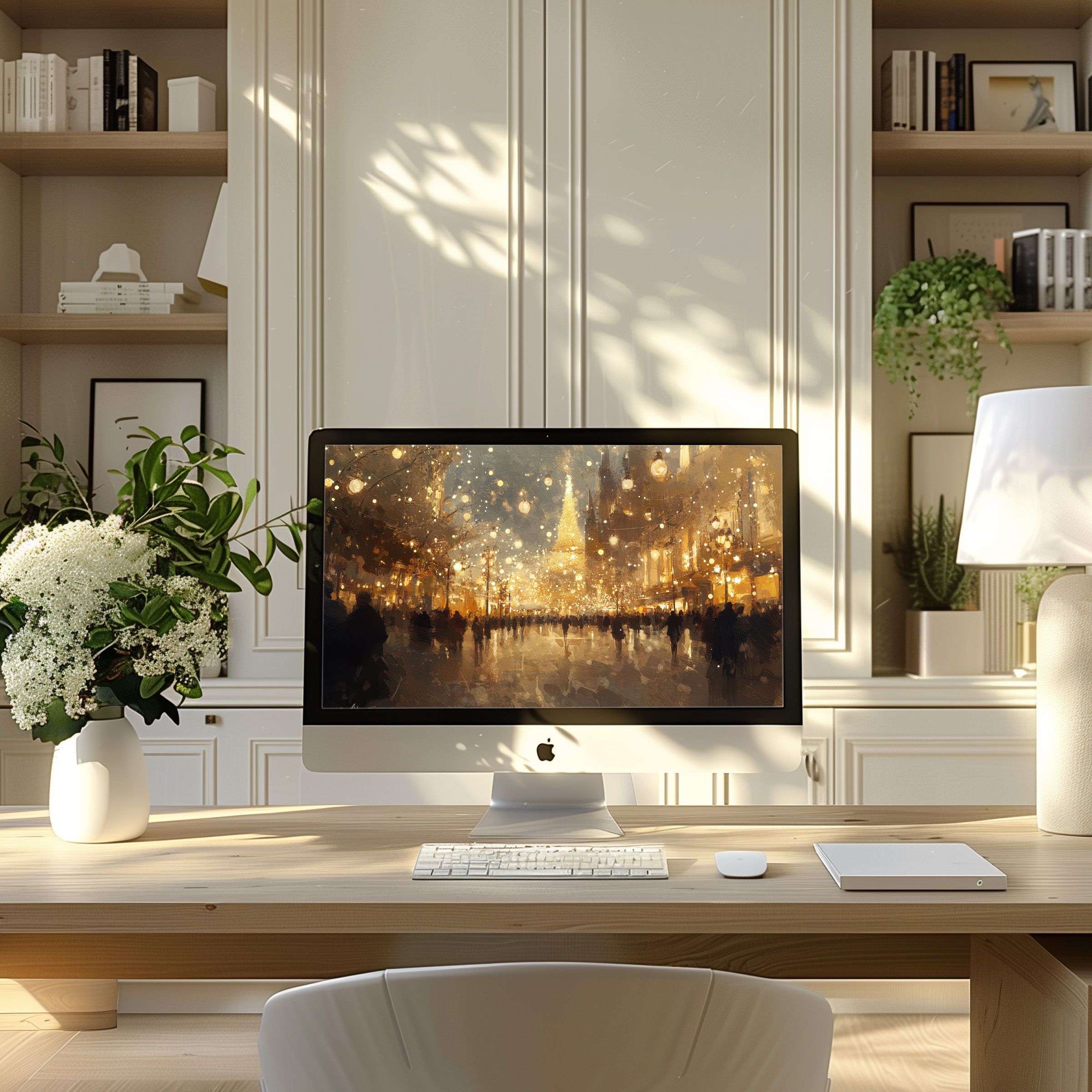 Elegant digital art wallpaper for computer radiates calm and inspiration, perfect for PC and laptop in a modern home office setup