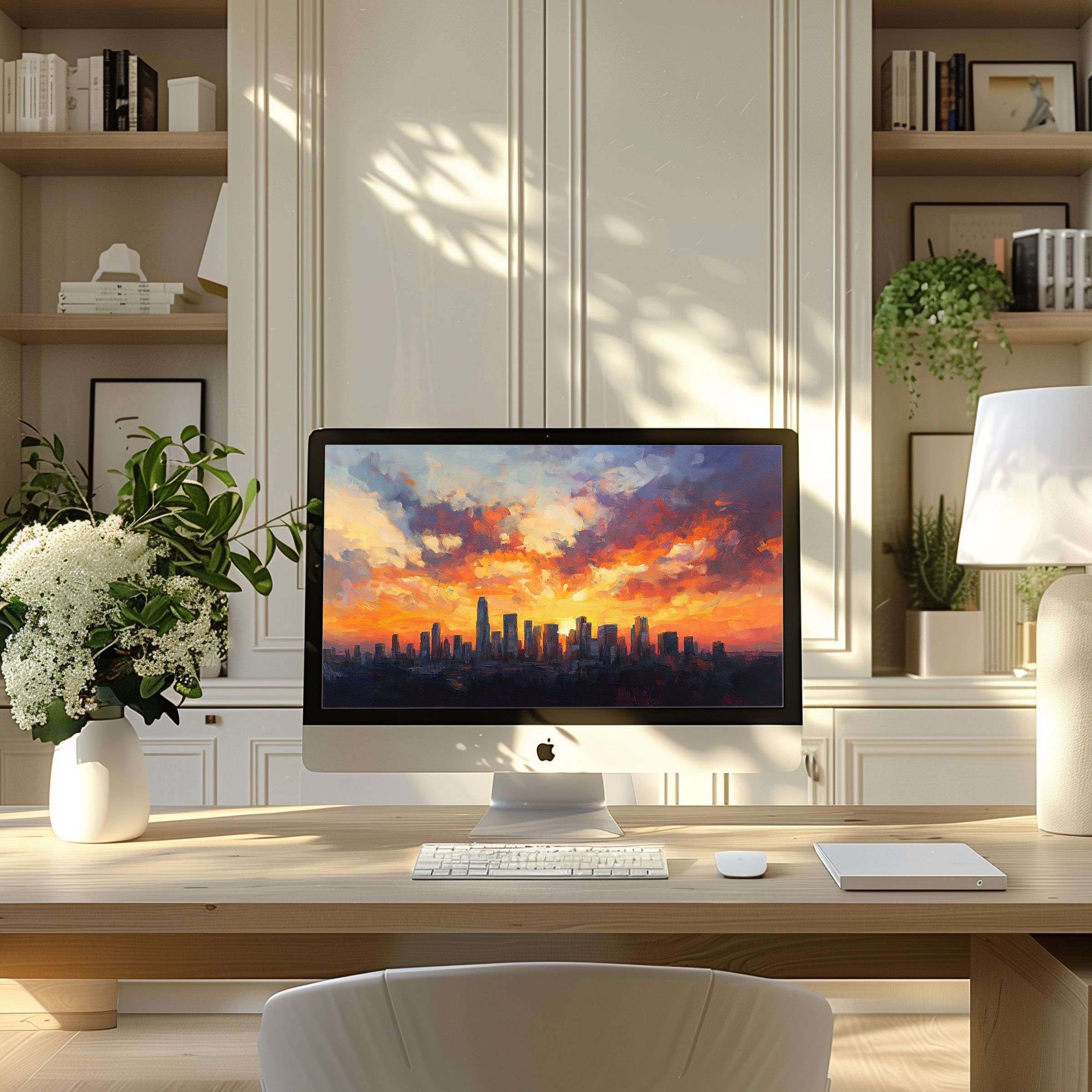 Inspire elegance with a sunset cityscape wallpaper for computer, perfect for PC and laptop, enhancing your serene home office decor