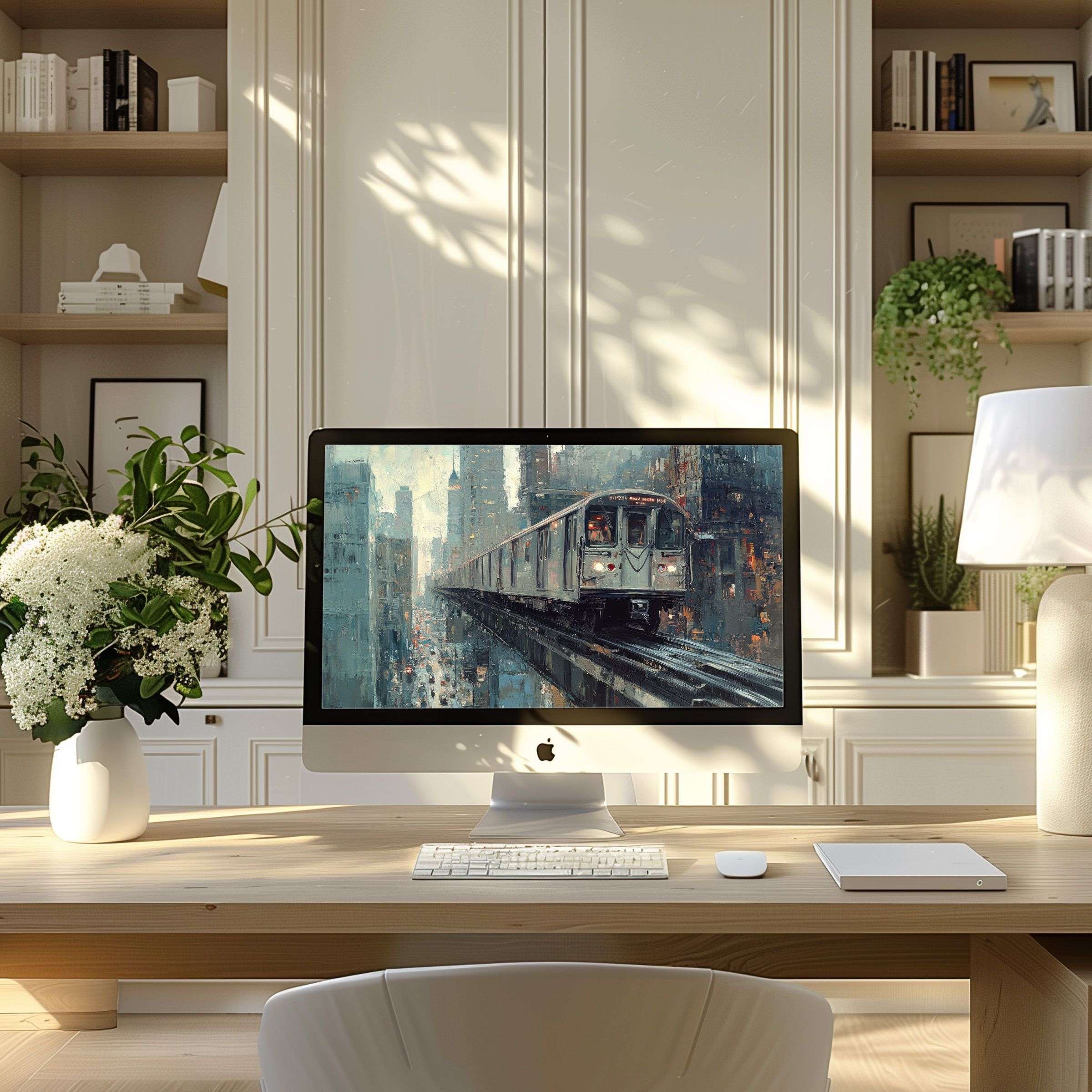 Elegant digital train artwork enhances your modern home office, perfect wallpaper for computer, PC, and laptop, inspiring calm