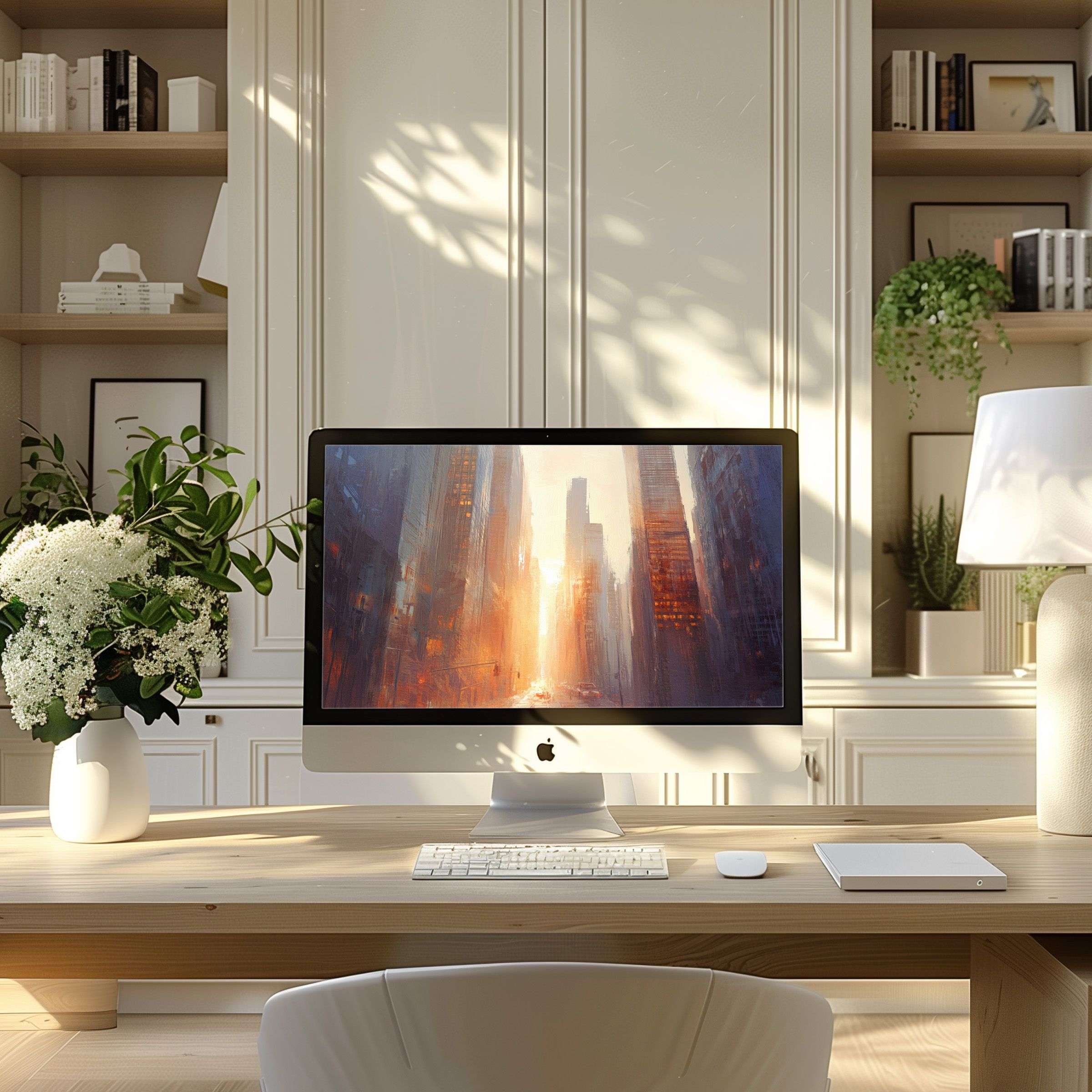 Elegant digital cityscape wallpaper for computer inspires calm in a modern home office, fitting PC, laptop, ultrawide downloads