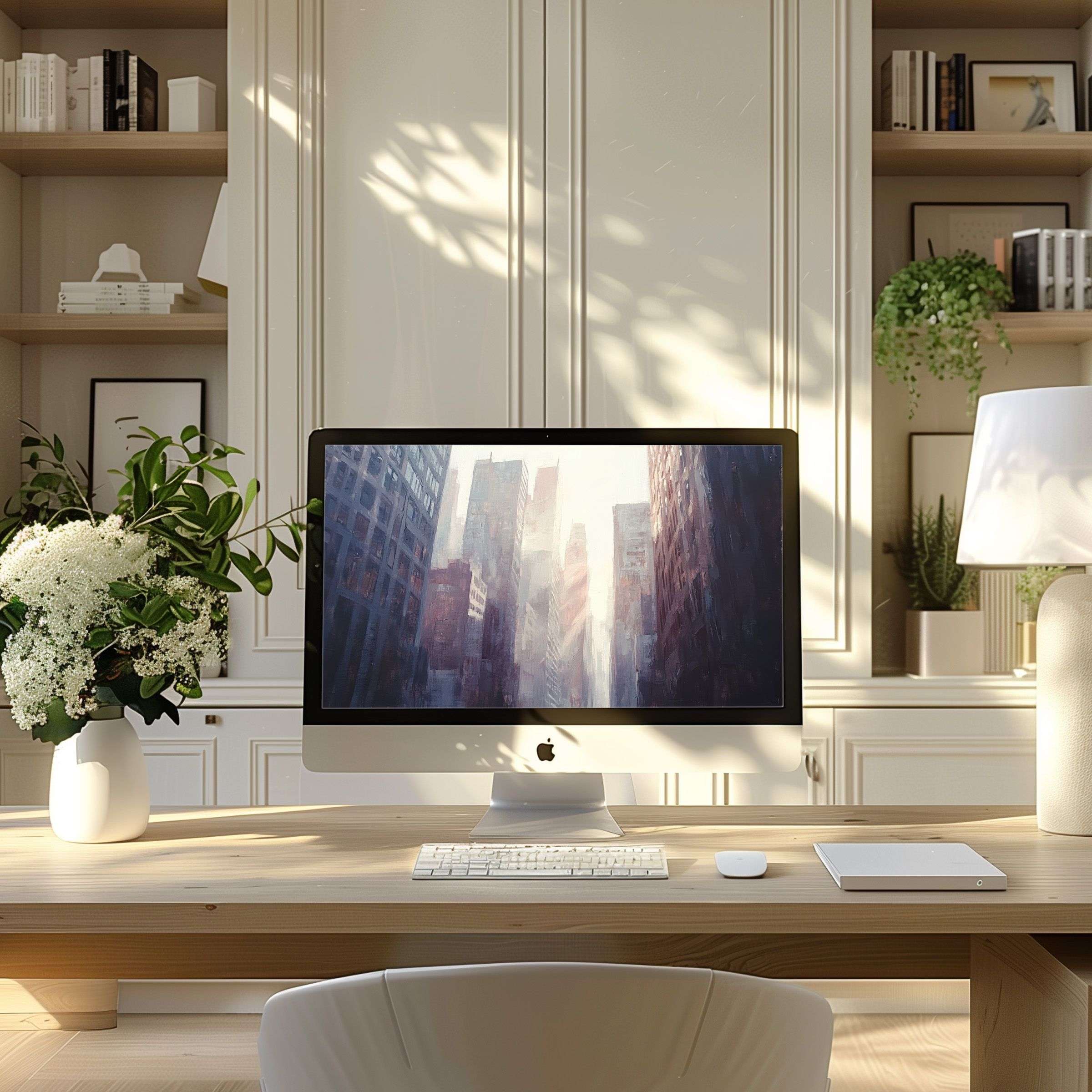 Elegant abstract skyline wallpaper for computer enhances calm modern home office setting inspiring work on PC or laptop