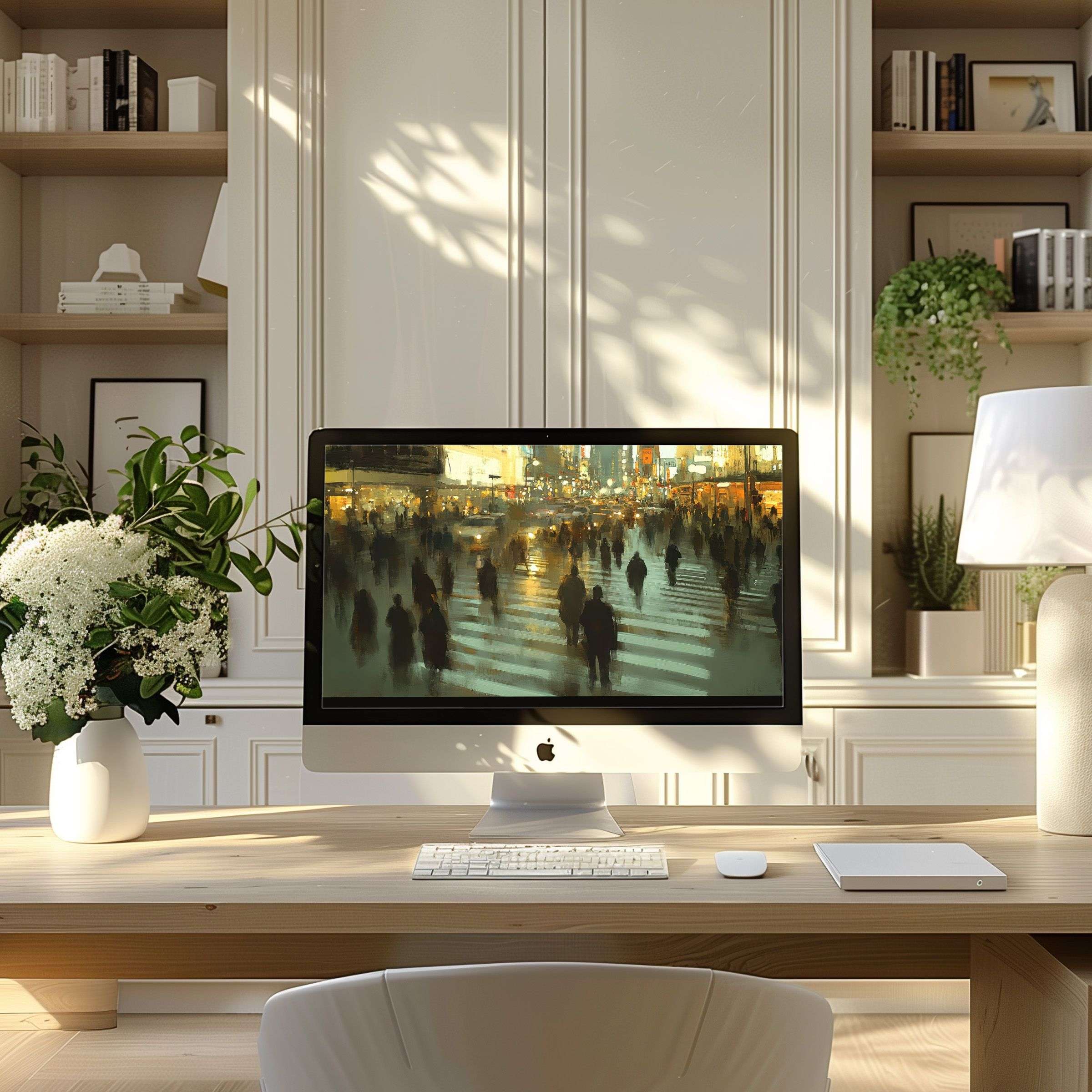 Elegant blurred cityscape wallpaper for computer adds calm inspiration to modern home office on PC and laptop screen