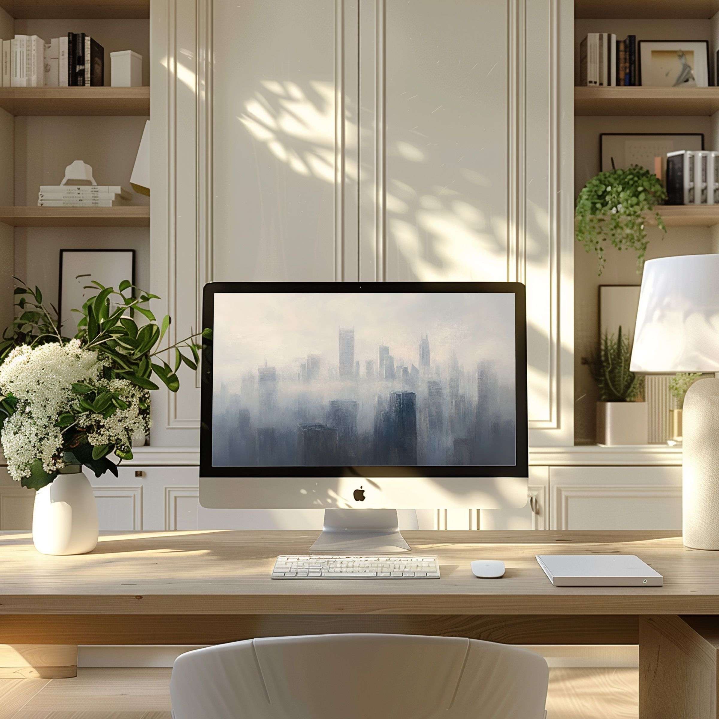 Elegant digital art of a misty cityscape for wallpaper on computer, PC, and laptop in a cozy modern home office setting