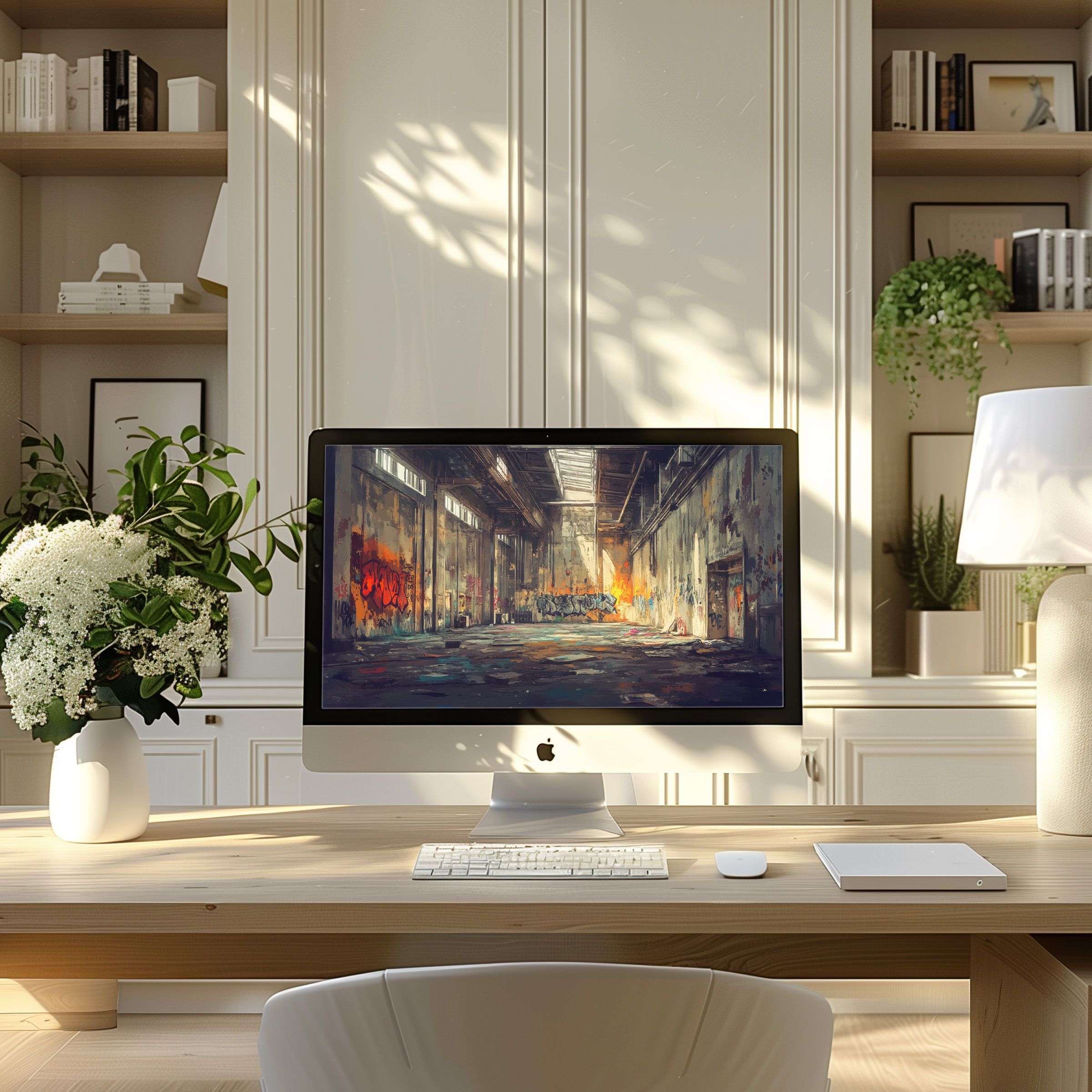 Elegant digital art of an industrial warehouse scene provides calm inspiration as wallpaper for computer, PC, and laptop displays