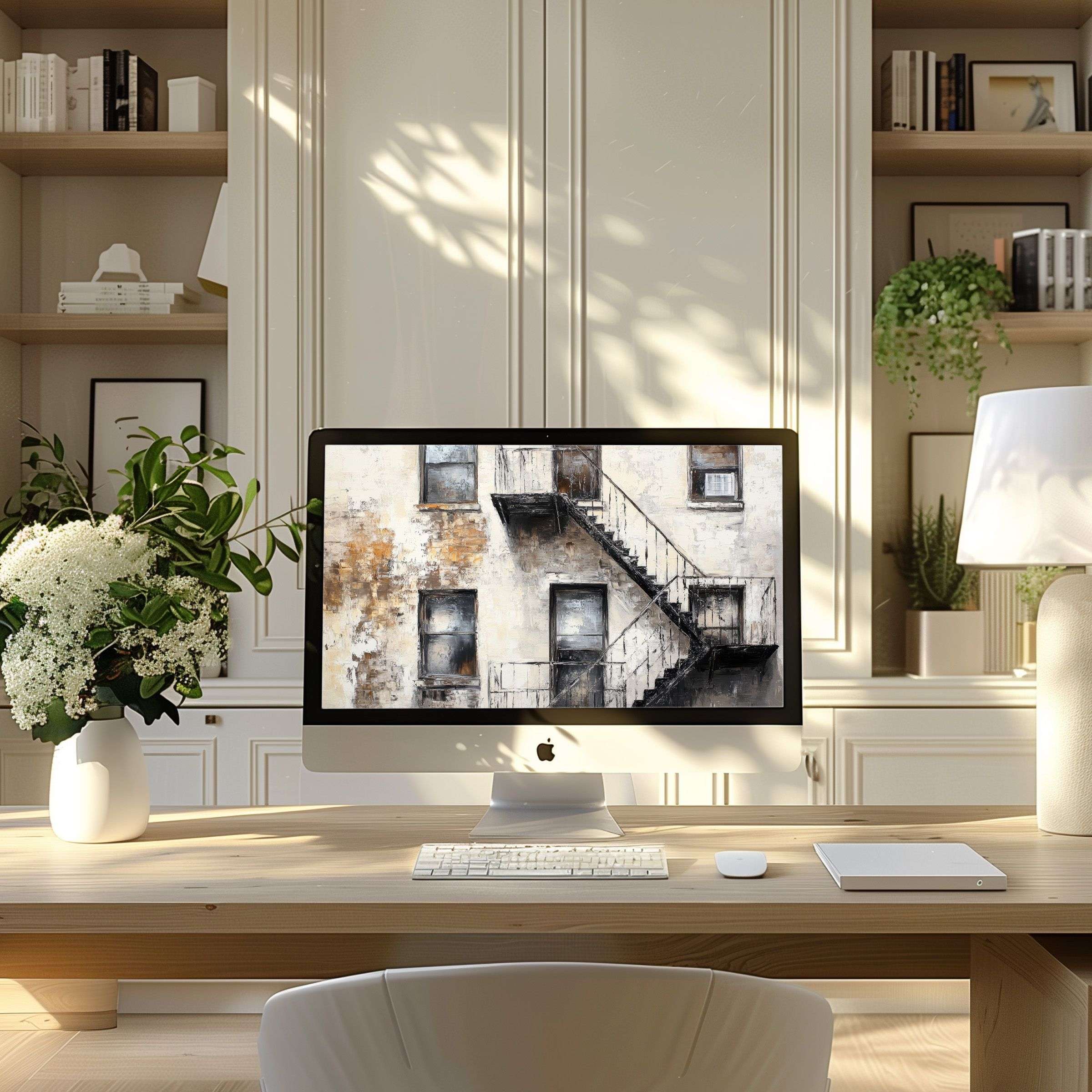 Elegant digital art of rustic fire escape brings calm to modern home office wallpaper for computer PC and laptop download