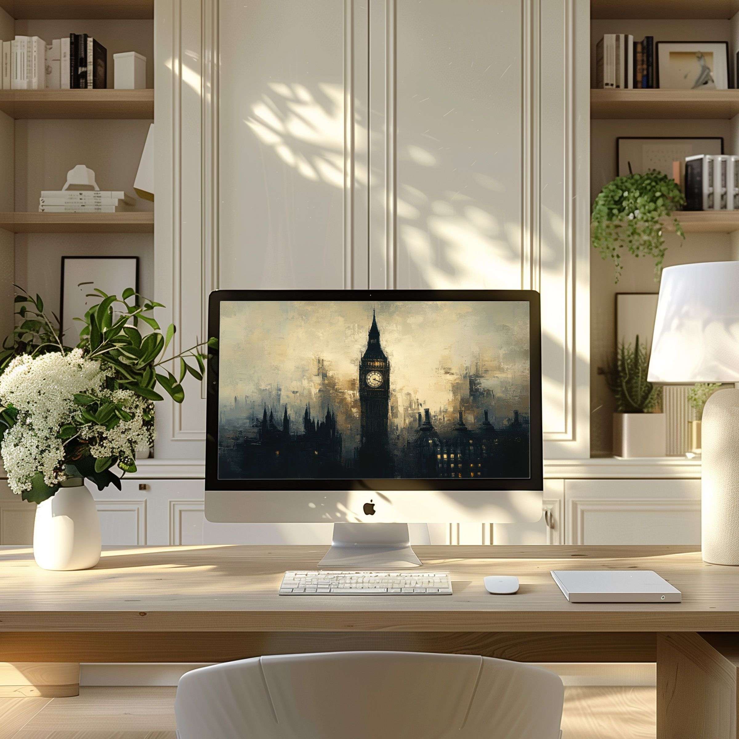 Elegant digital art wallpaper for computer featuring a tranquil cityscape, ideal for PC and laptop, enhancing modern home office vibes