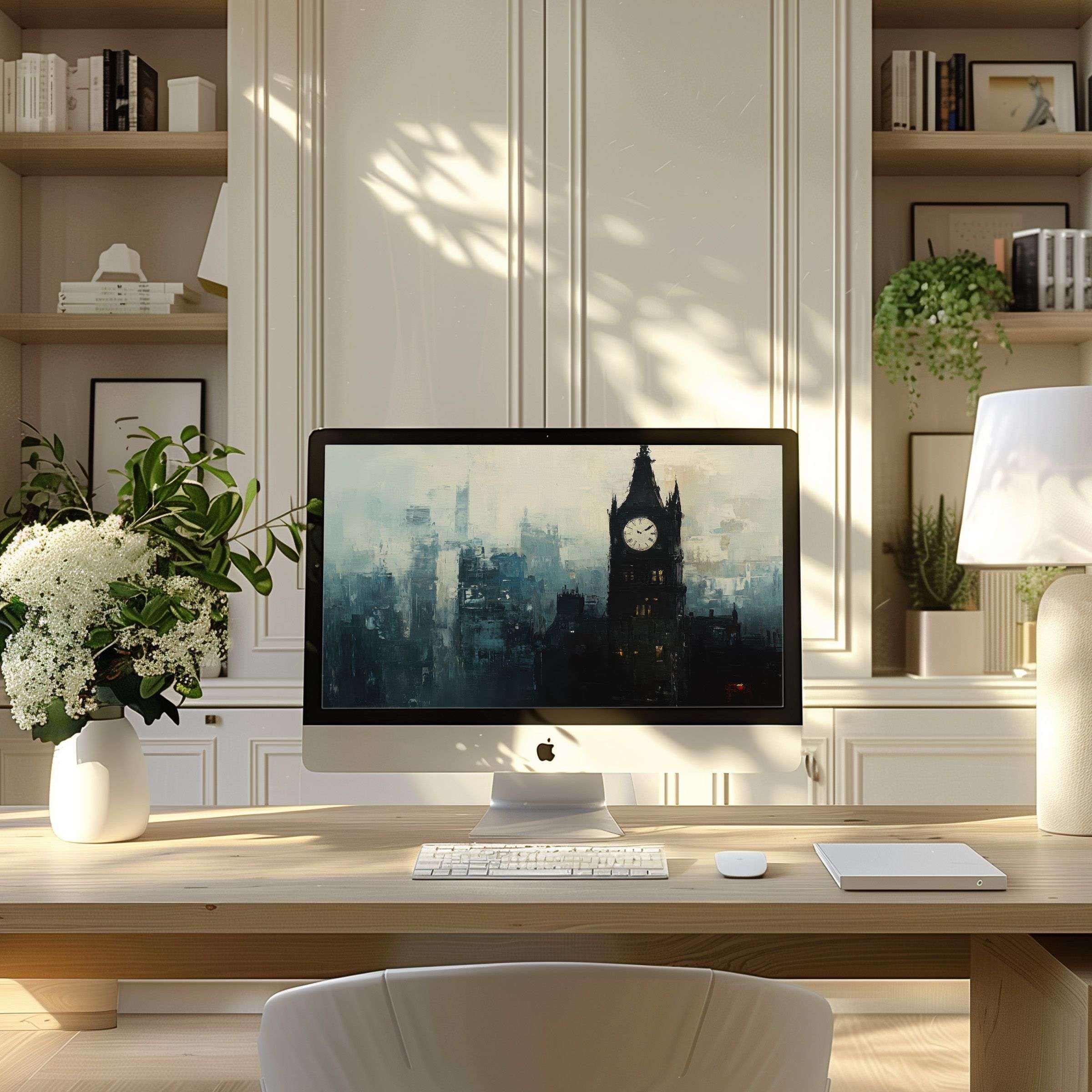 Elegant cityscape wallpaper for computer creating calm, inspiring ambiance in modern home office ideal for PC and Laptop screens