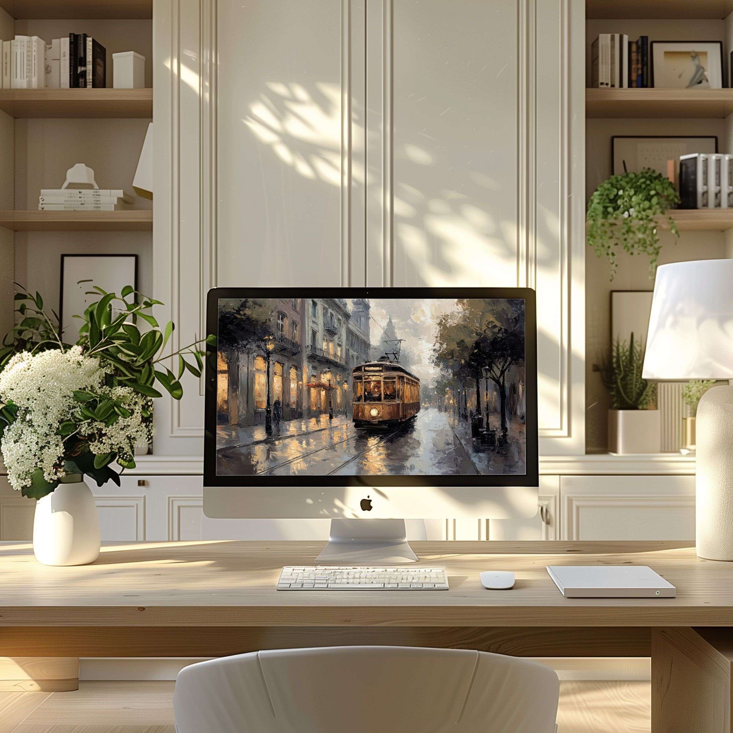 Elegant cityscape wallpaper for computer inspires calm; fits PC, laptop, ultrawide screens in a modern home office setting