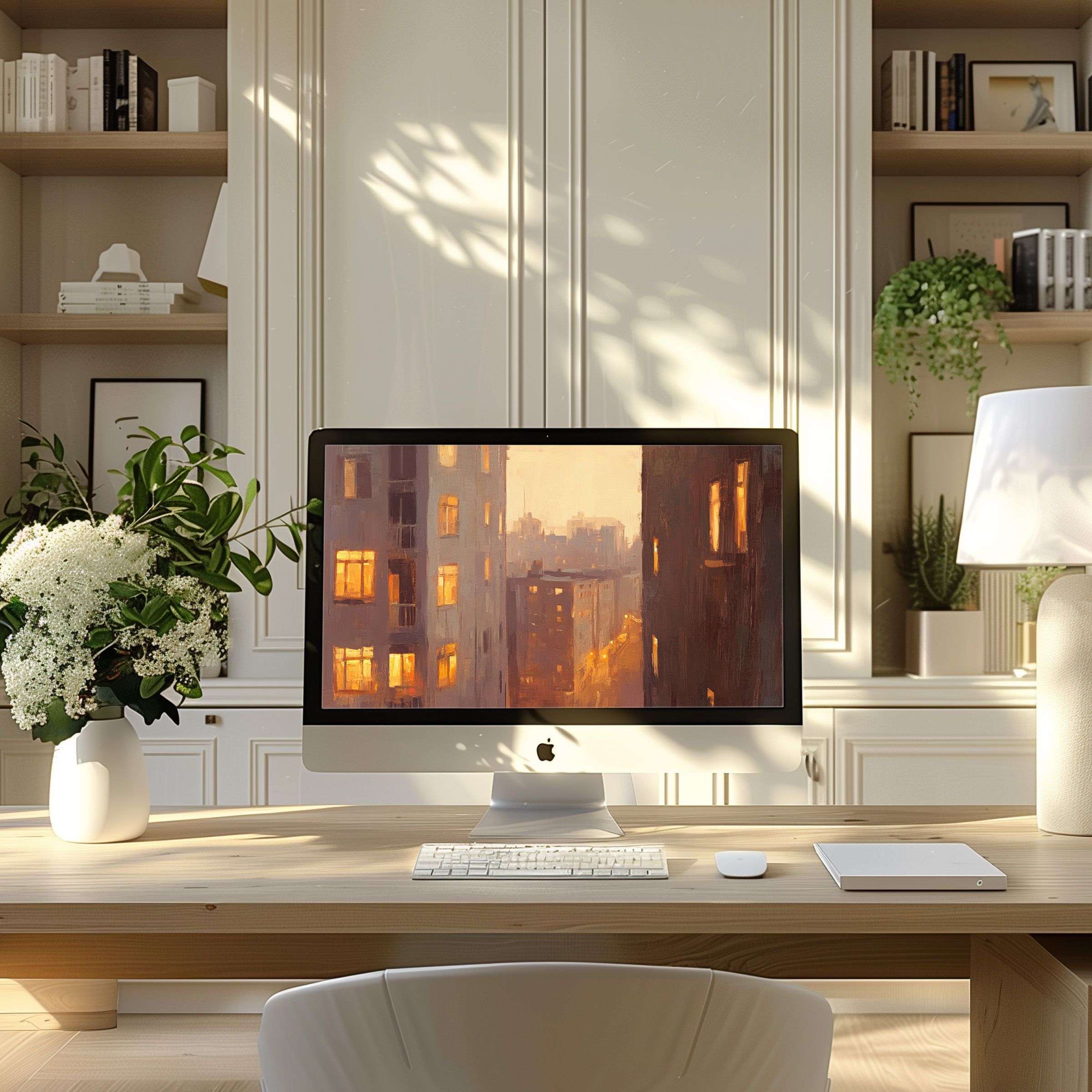 Elegant digital art wallpaper for computer, PC, and laptop inspires calm in a modern home office with warm tones and urban charm