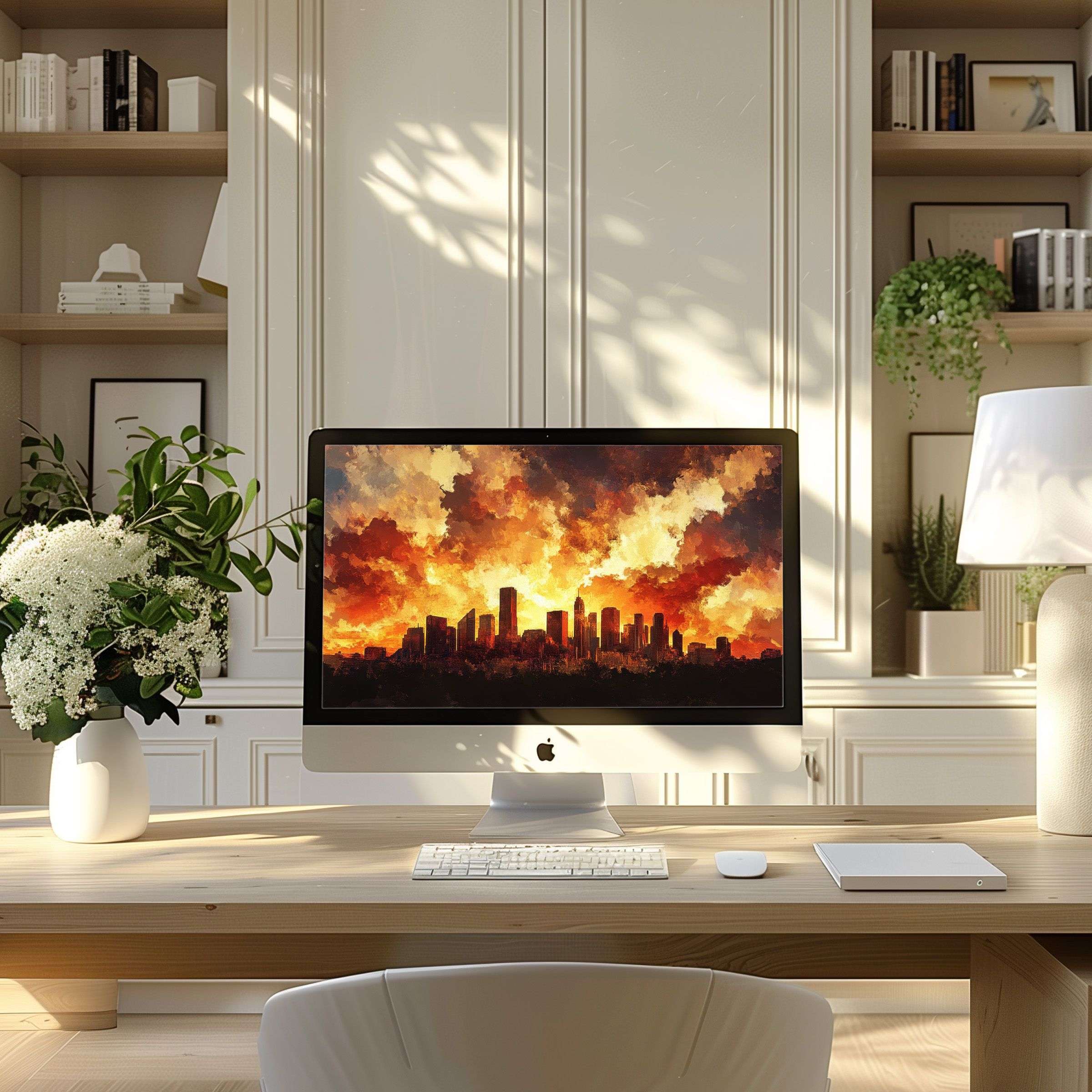 Elegant cityscape wallpaper for computer, ideal for PC or laptop, enhances calm and inspiration in a modern home office setting