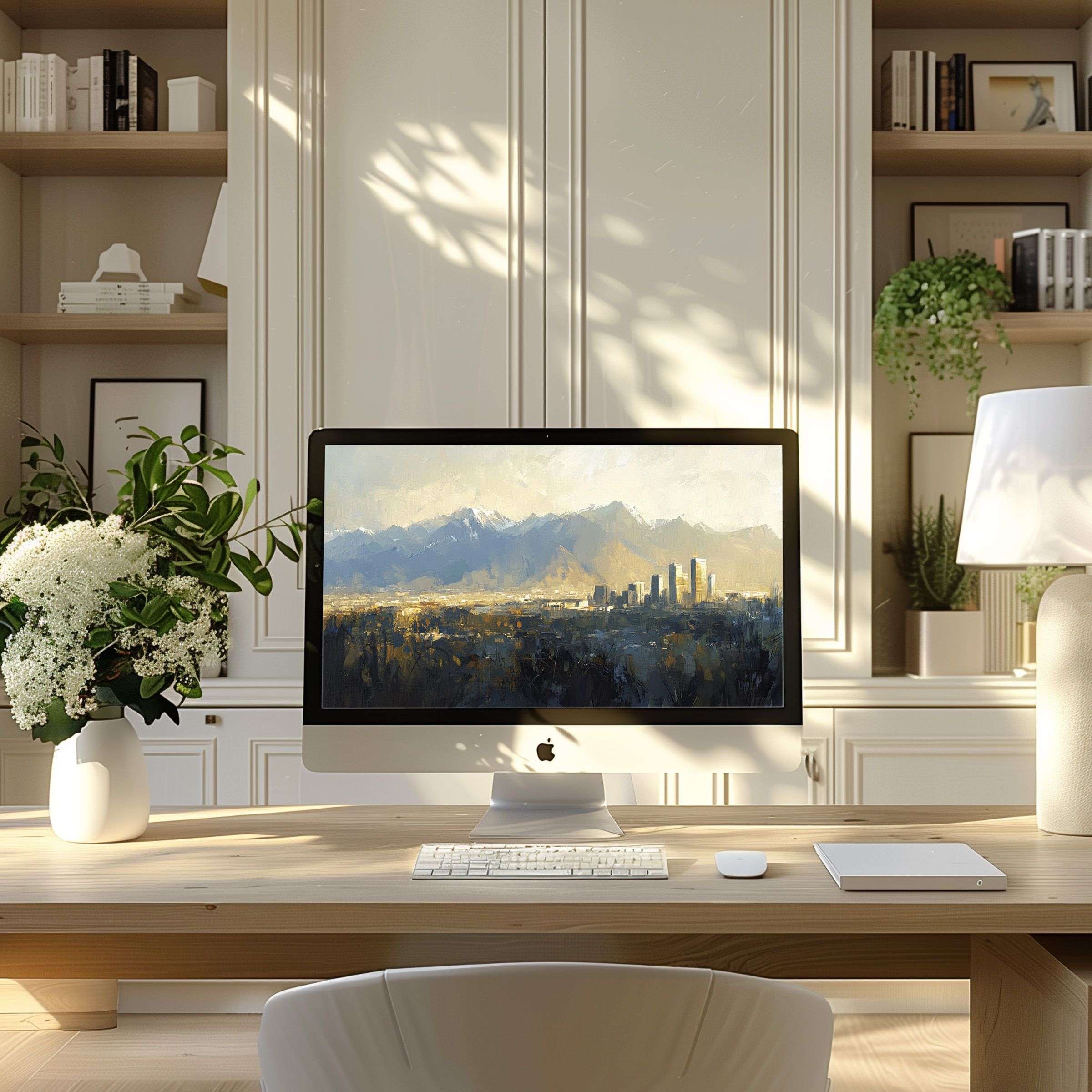 Elegant digital art capturing a serene cityscape, perfect wallpaper for computer or laptop, enhancing any modern PC setup