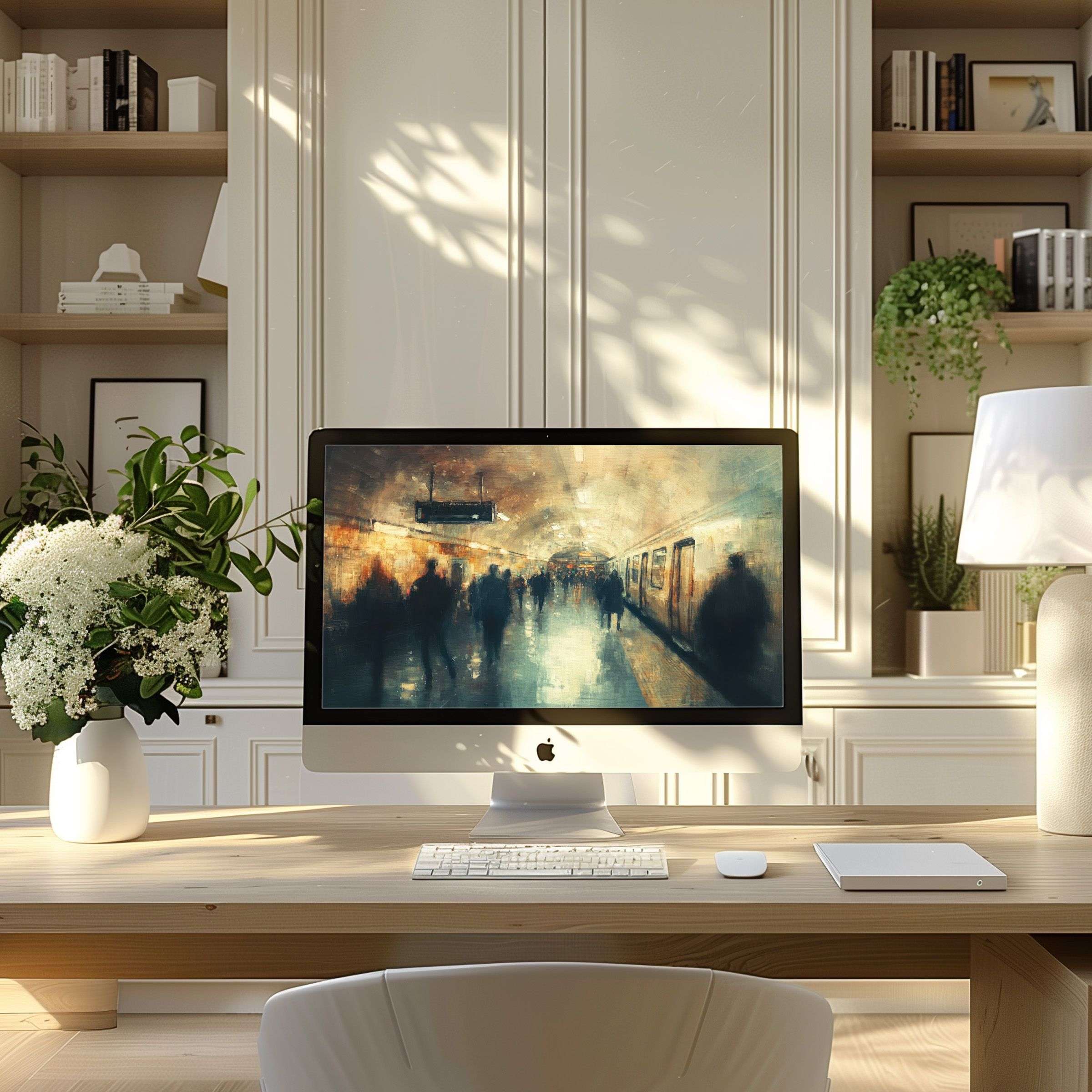 Elegant abstract art wallpaper for computer, perfect for PC or laptop, enhances calm and inspiration in a modern home office