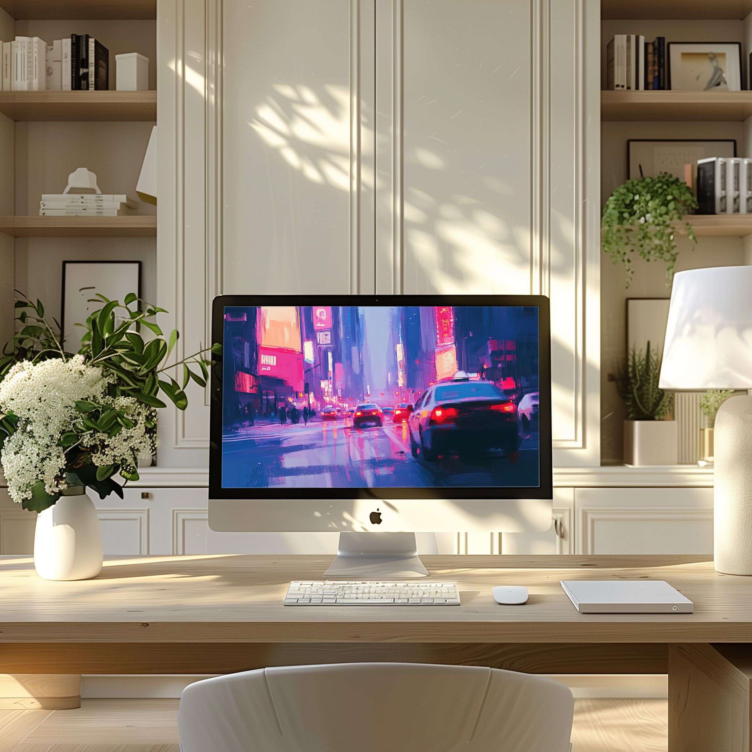 Elegant digital art as a wallpaper for computer offering calming inspiration in a modern home office for PC and Laptop users