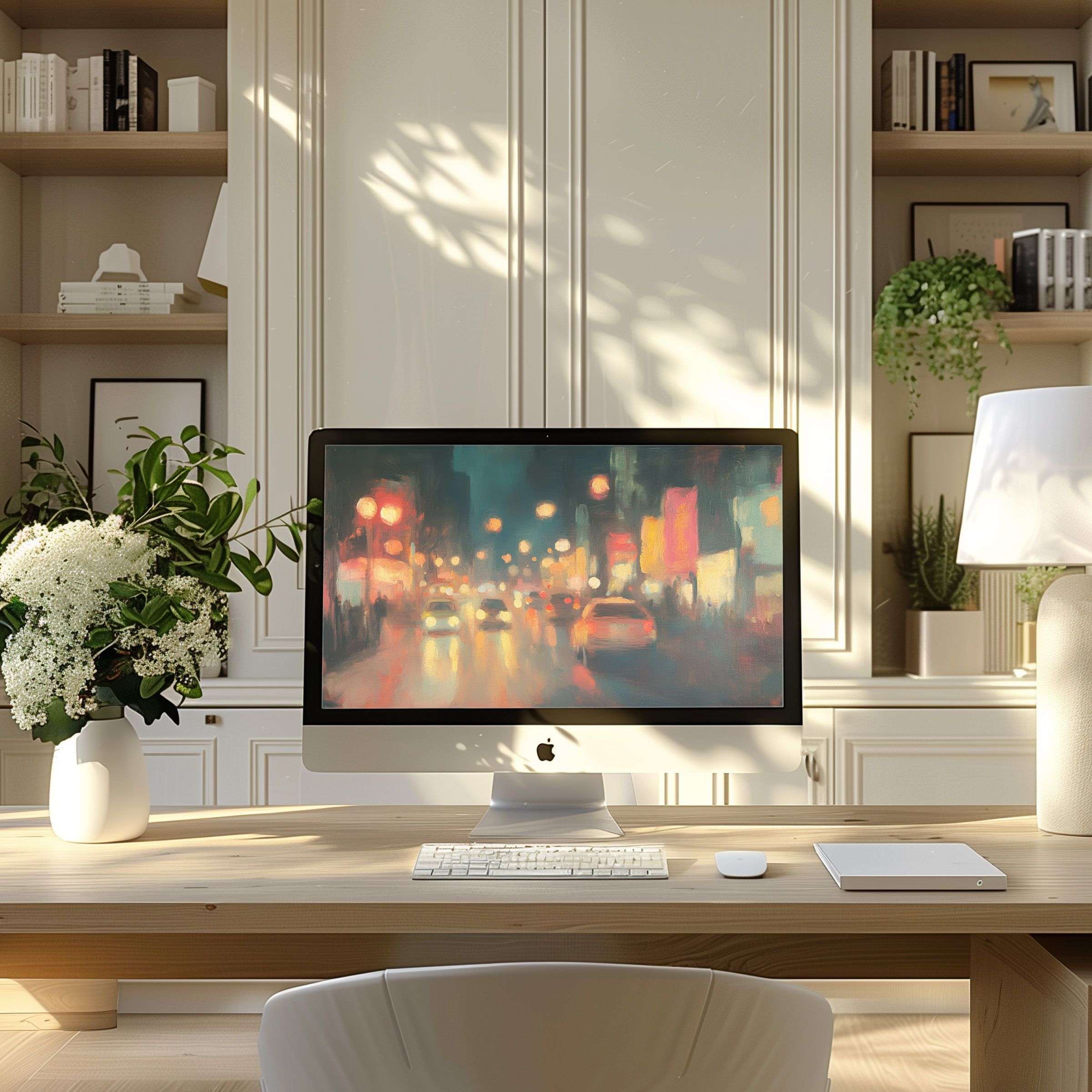Elegant digital art wallpaper for computer, PC, and laptop, blending calming colors with modern home office aesthetics for inspiration
