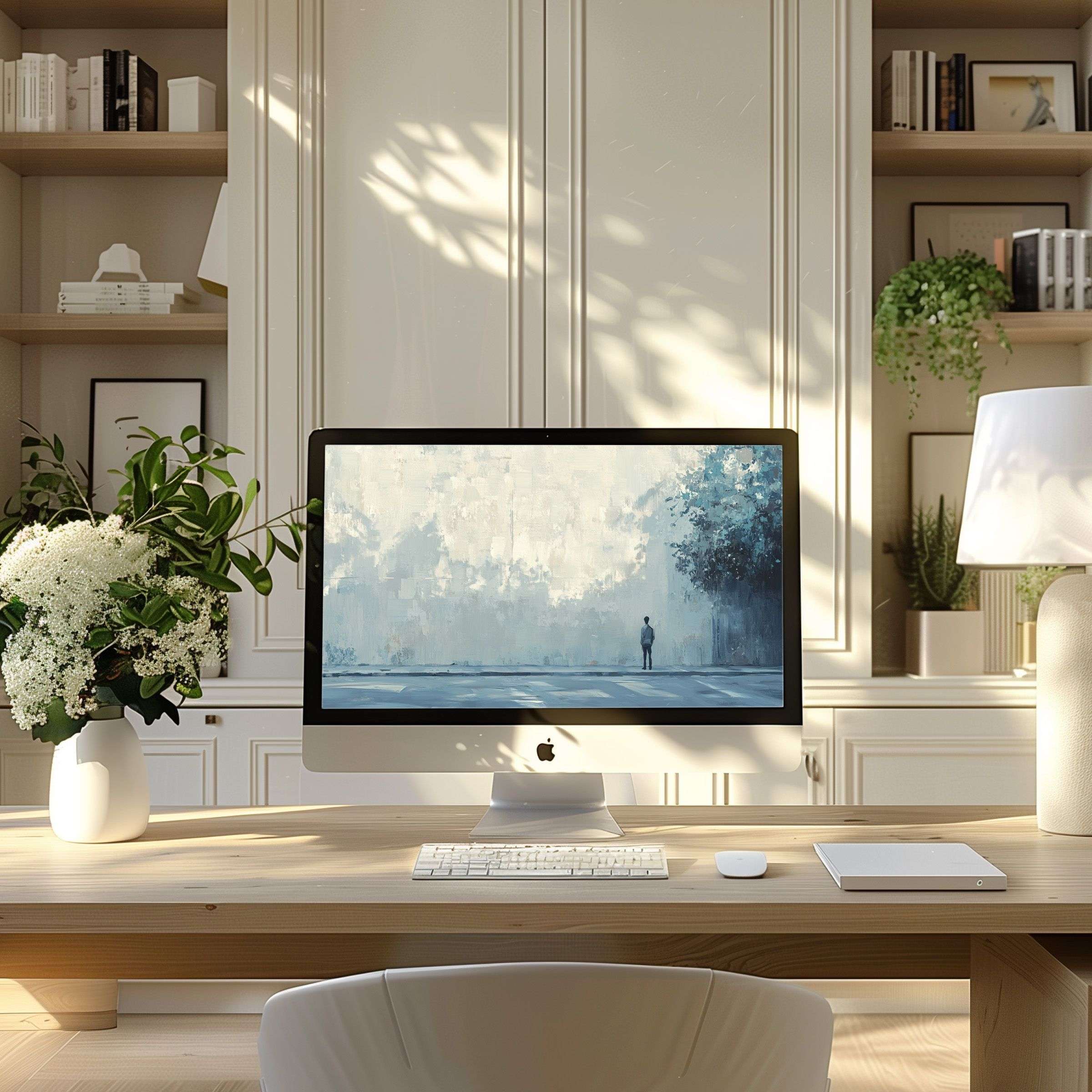 Elegant abstract art as wallpaper for computer in a serene home office inspires calm, fits PC or laptop digital download