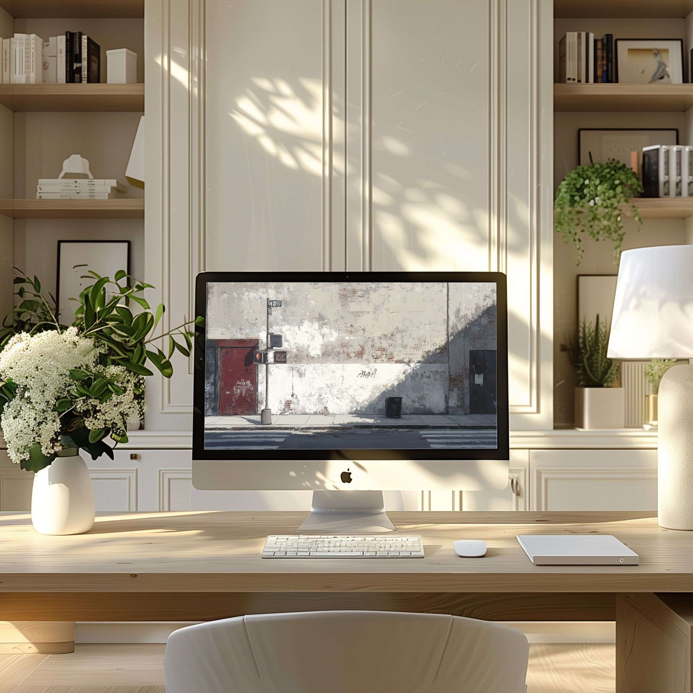 Elegant digital art wallpaper for computer in a serene modern home office, ideal for PC, laptop and ultrawide setups