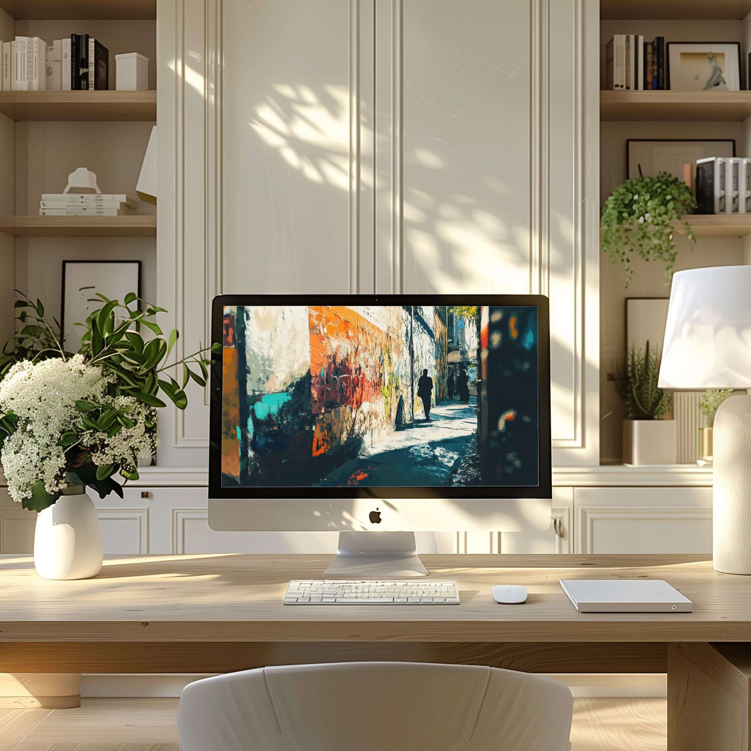 Inspiring urban art wallpaper for computer on a sleek desk, perfect for PC or laptop, evokes calm elegance in modern home office