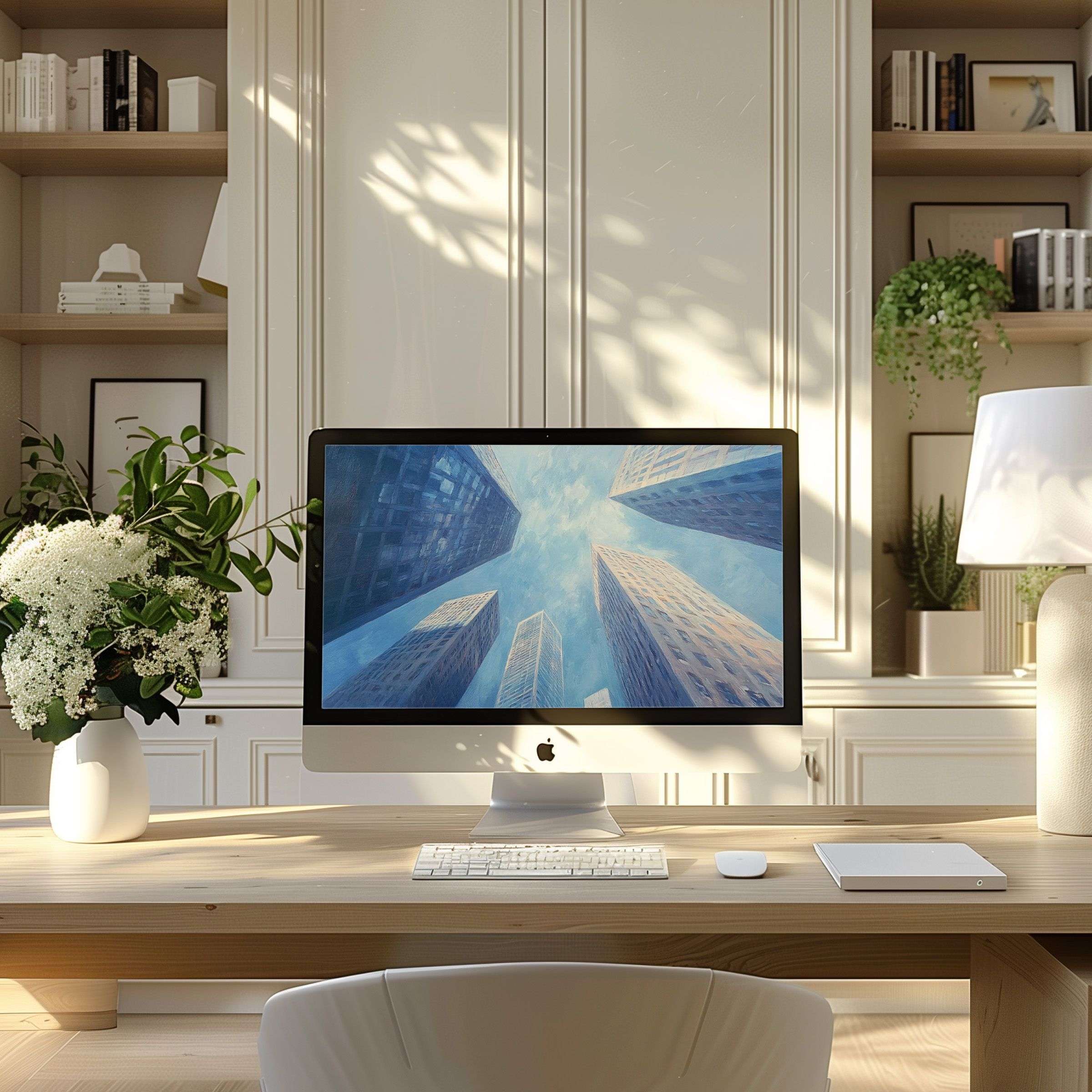 Urban skyline artwork adds elegance and calm to modern home office, perfect wallpaper for PC, laptop, or ultrawide digital download