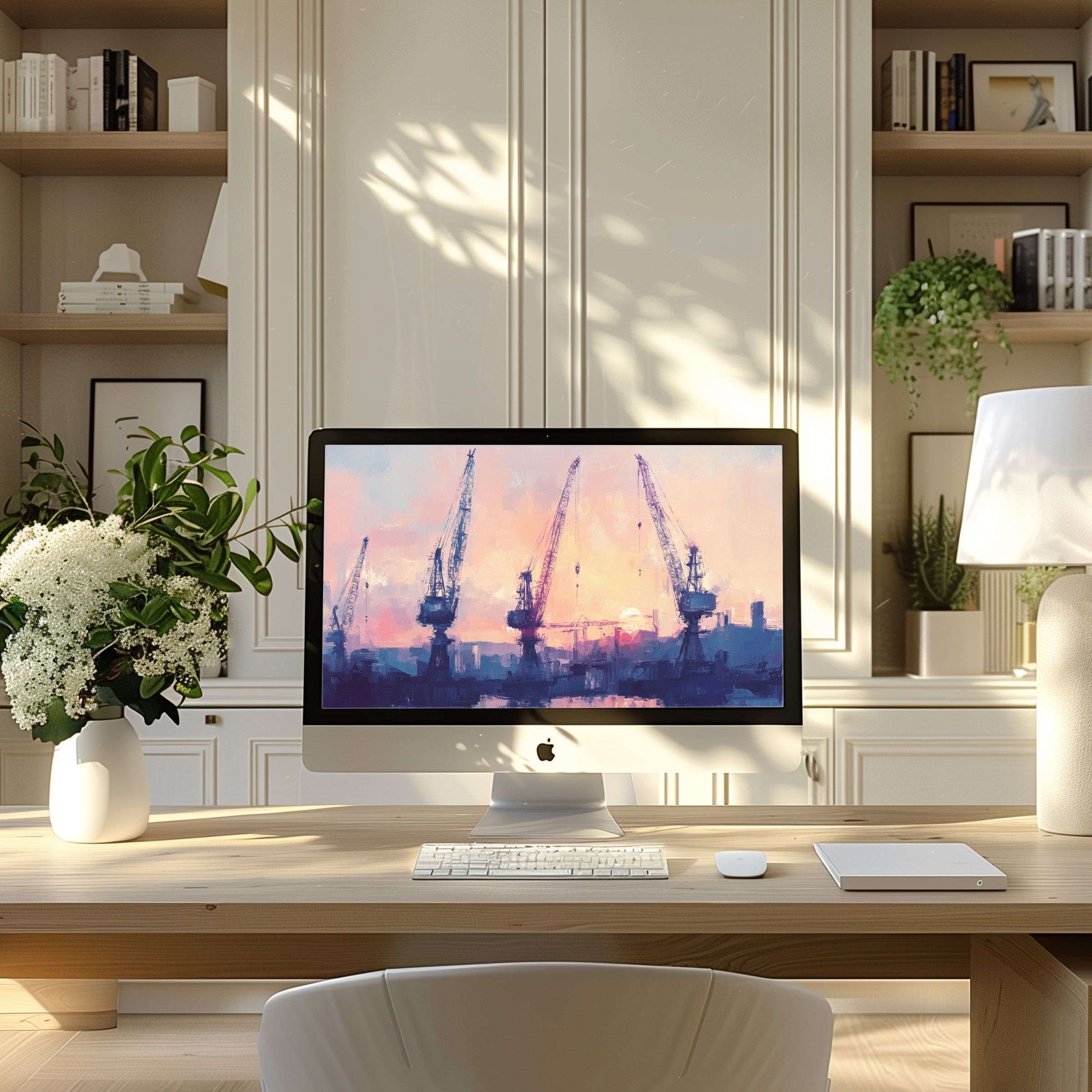Elegant digital wallpaper for computer showcasing pastel cranes, perfect for PC and laptop, inspires calm in modern home office spaces