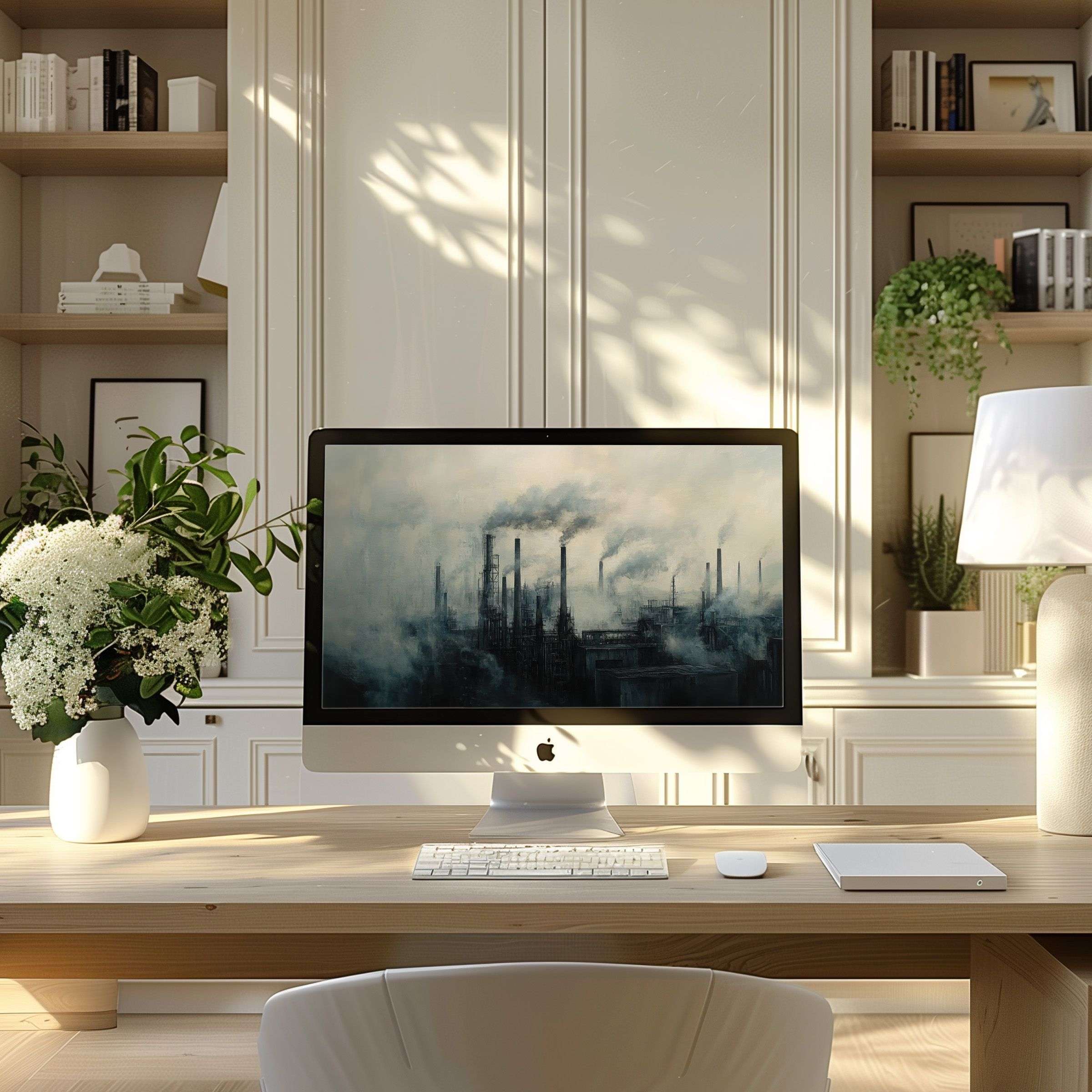 Elegant wallpaper for computer featuring a misty industrial scene, enhancing calm in a modern home office setting, perfect for PC or laptop