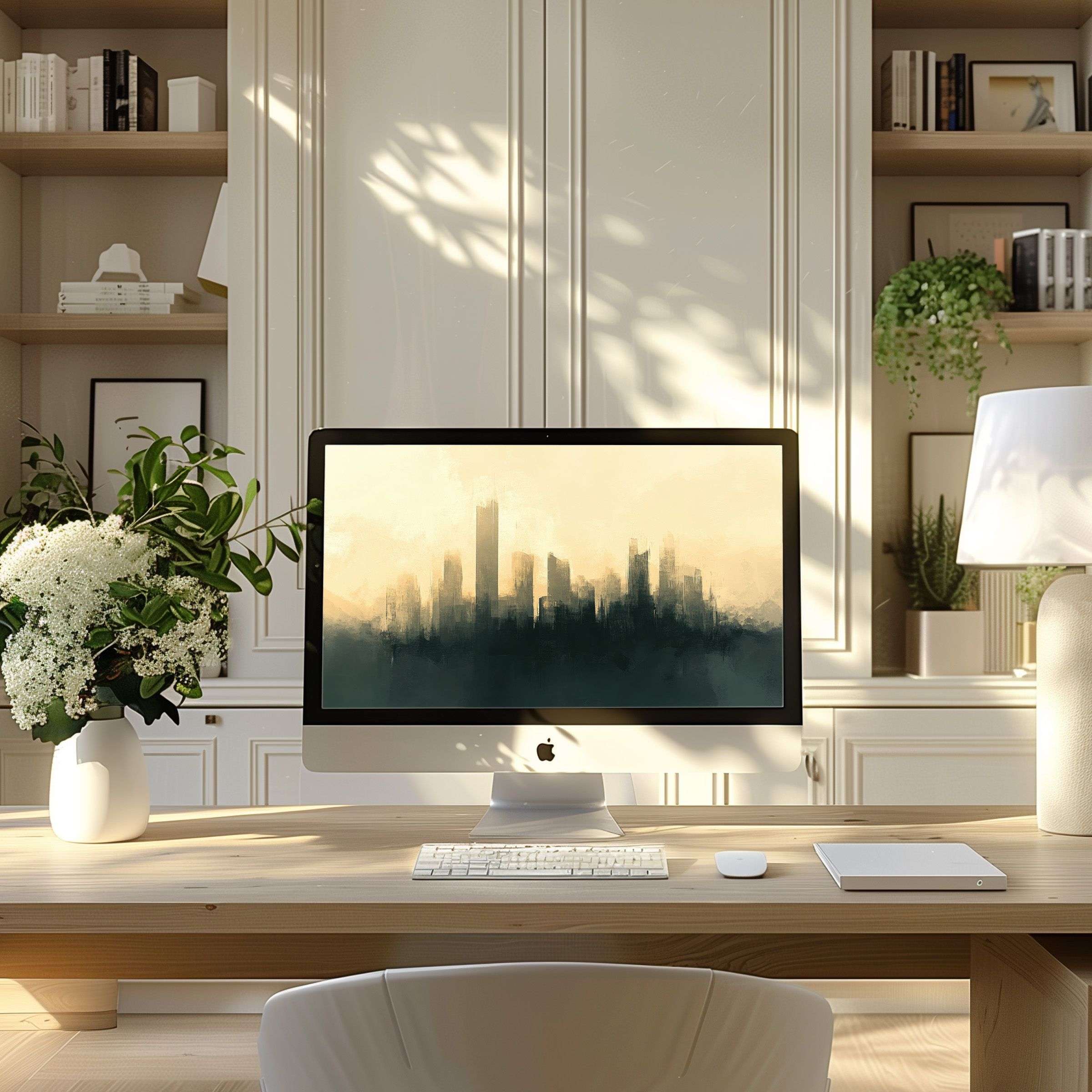 Elegant abstract cityscape wallpaper for computer brings calm, inspiration to your modern home office on PC and Laptop screens