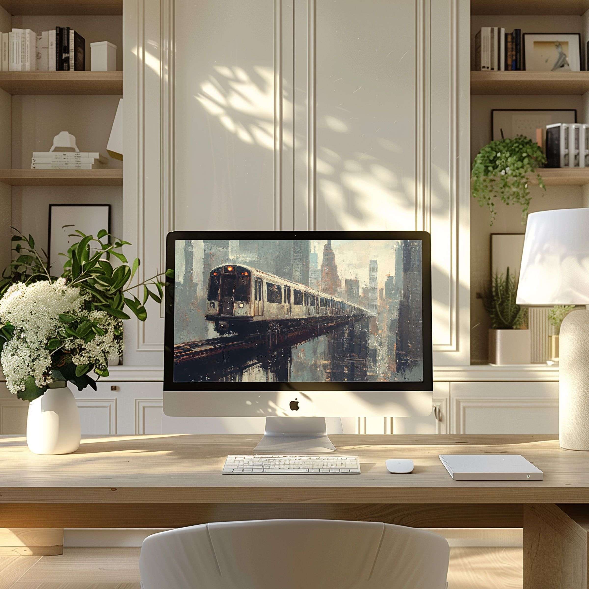 Calm cityscape wallpaper for computer adds elegance to modern home office desk perfect for PC Laptop digital download