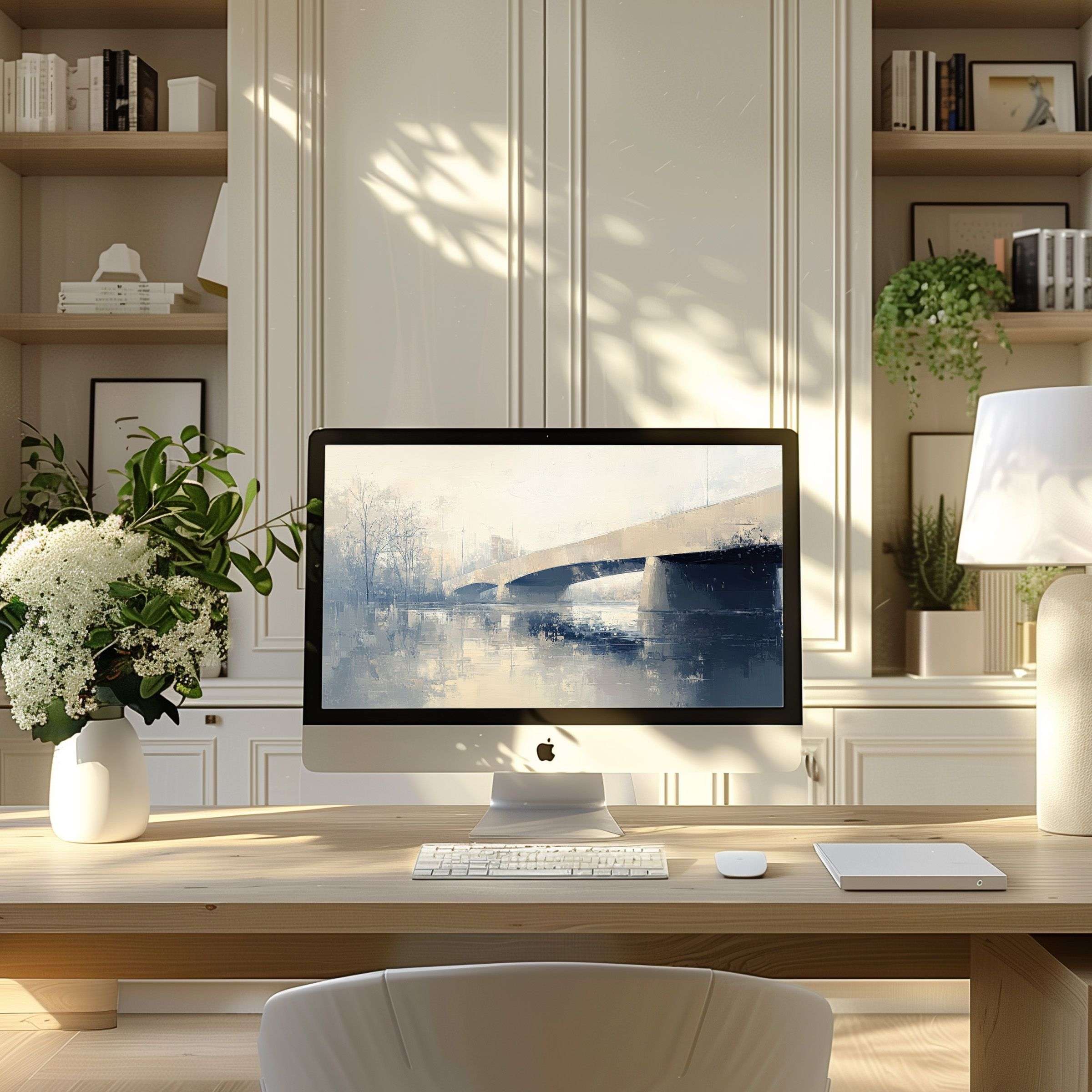 Elegant digital art with serene bridge scene as wallpaper for computer or laptop in minimalist modern home office setting