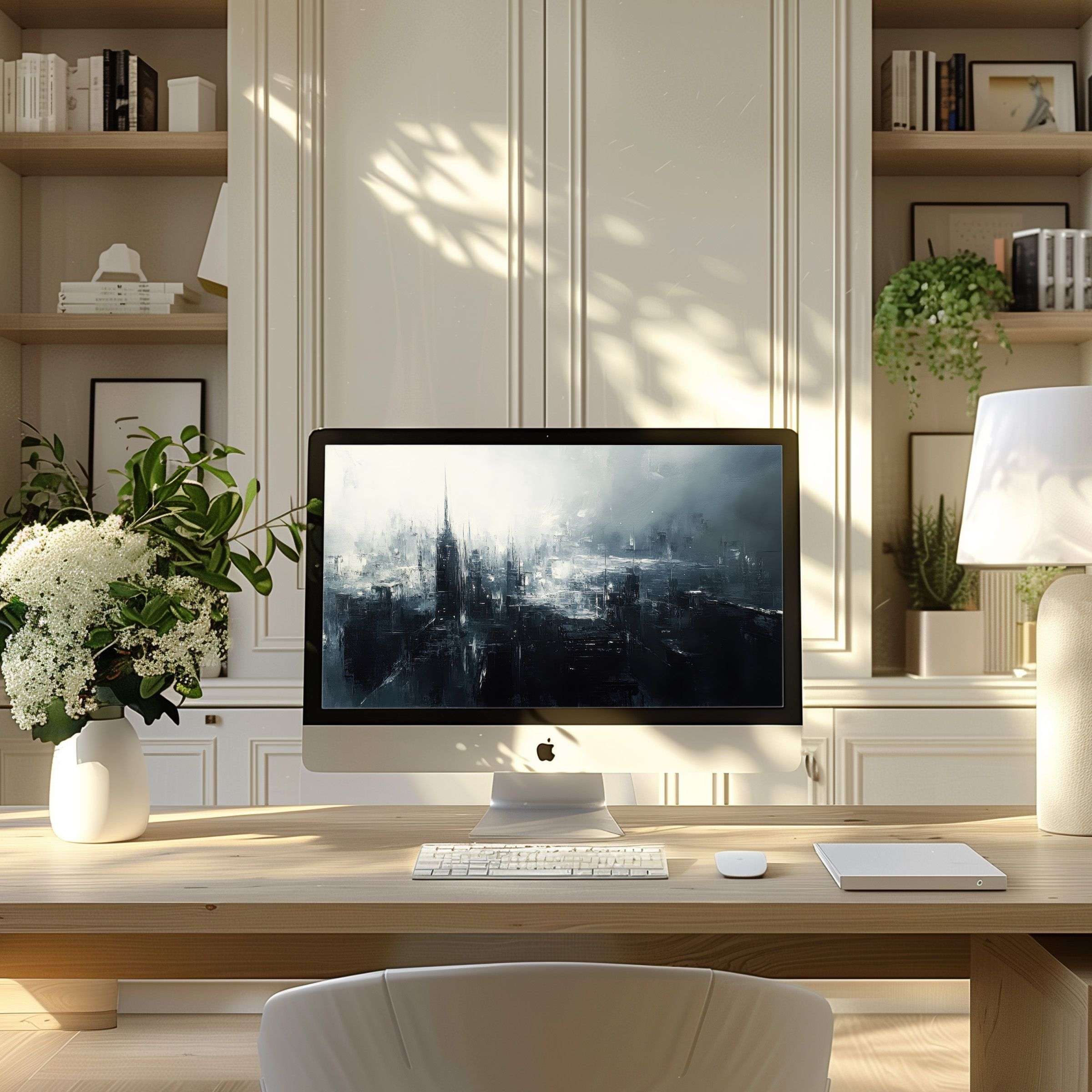 Elegant abstract cityscape wallpaper for computer PC and Laptop enhances modern home office with calm inspiration and style
