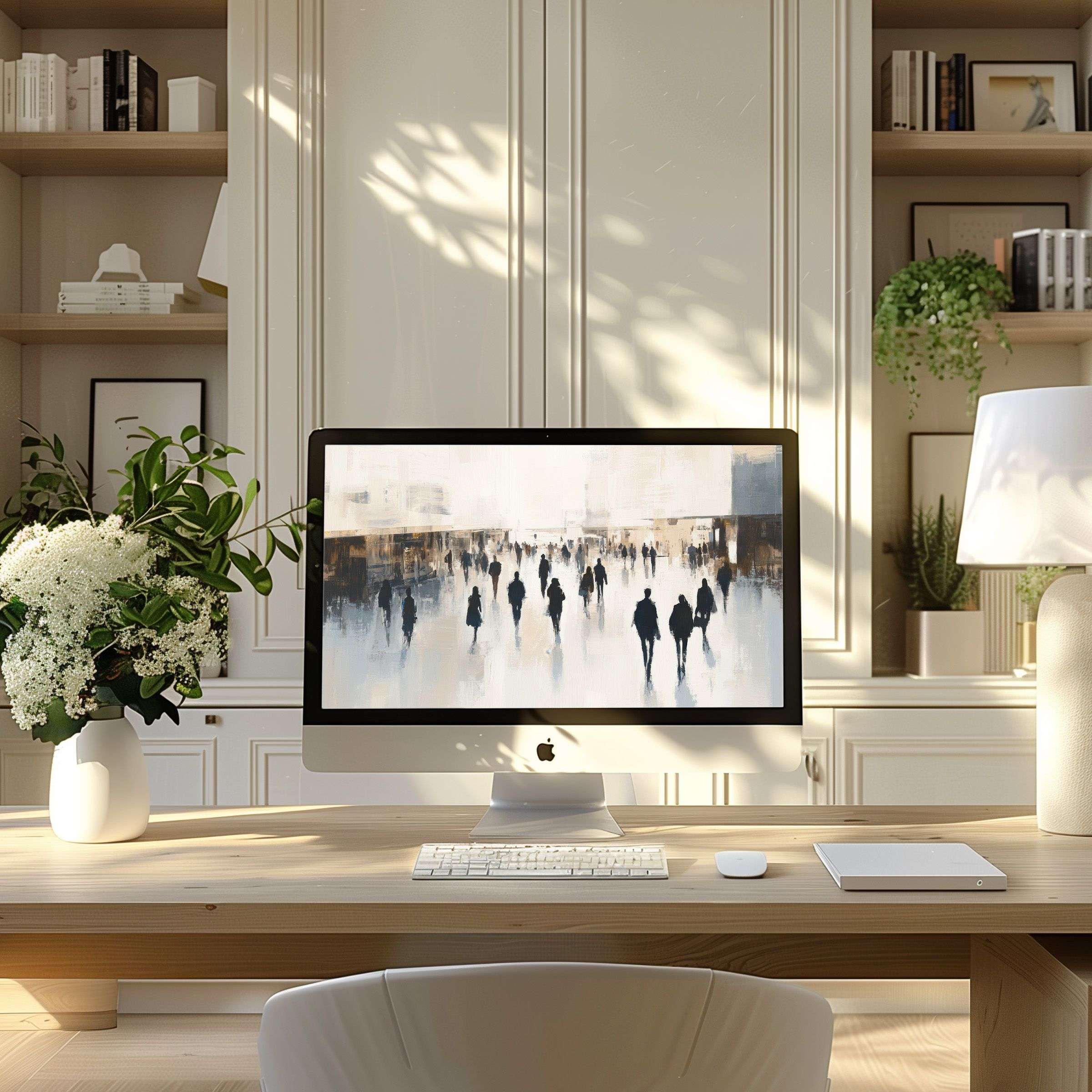 Elegant abstract digital art wallpaper for computer and laptop inspires calm and sophistication in a modern home office setting