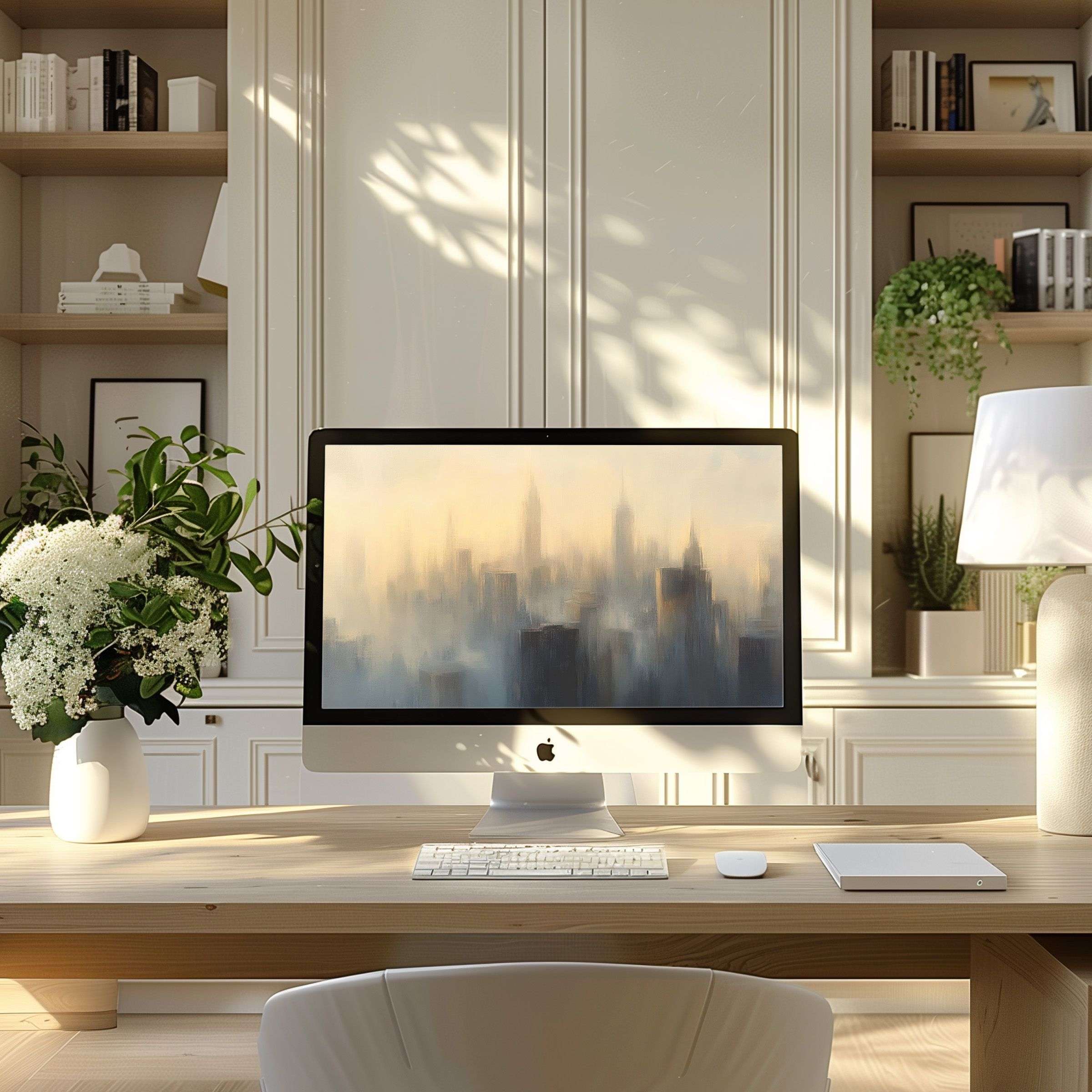 Elegant digital art wallpaper for computer captures serene cityscape, enhancing PC and laptop decor for a modern home office ambiance